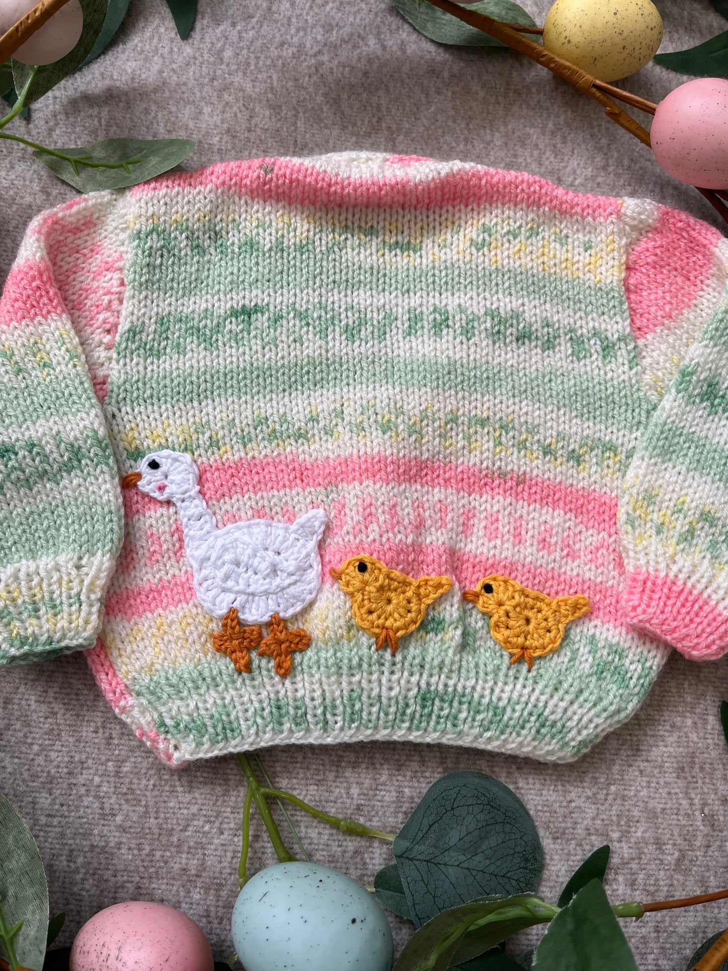Personalise Me, Size 0-3 Months, Duck & Chicks, Pink & Green Hand knitted Cardigan