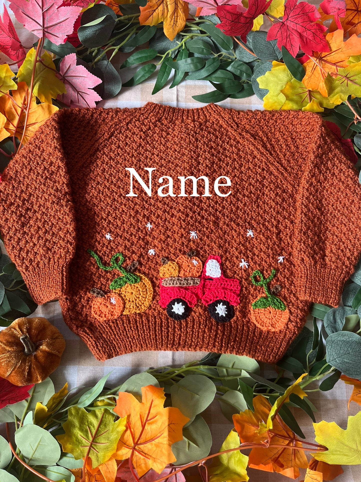 Personalise Me, Size 2-3 years, Name Cardi, Rust Pumpkin Truck Cardi