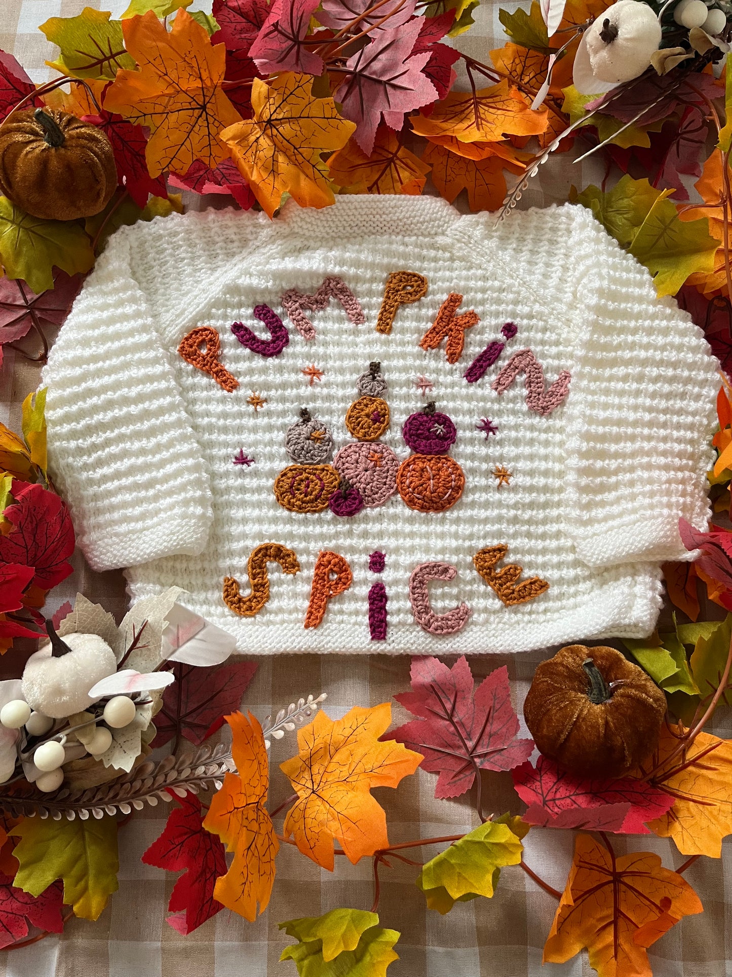 Size 1-2 Years, Pumpkin Spice, White Hand knitted Cardigan