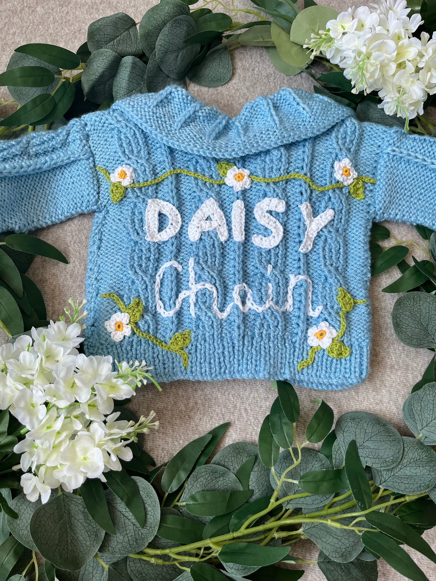 Size 6-12 Months, Daisy Chain, Baby Blue Hand Knitted Collar Cardigan