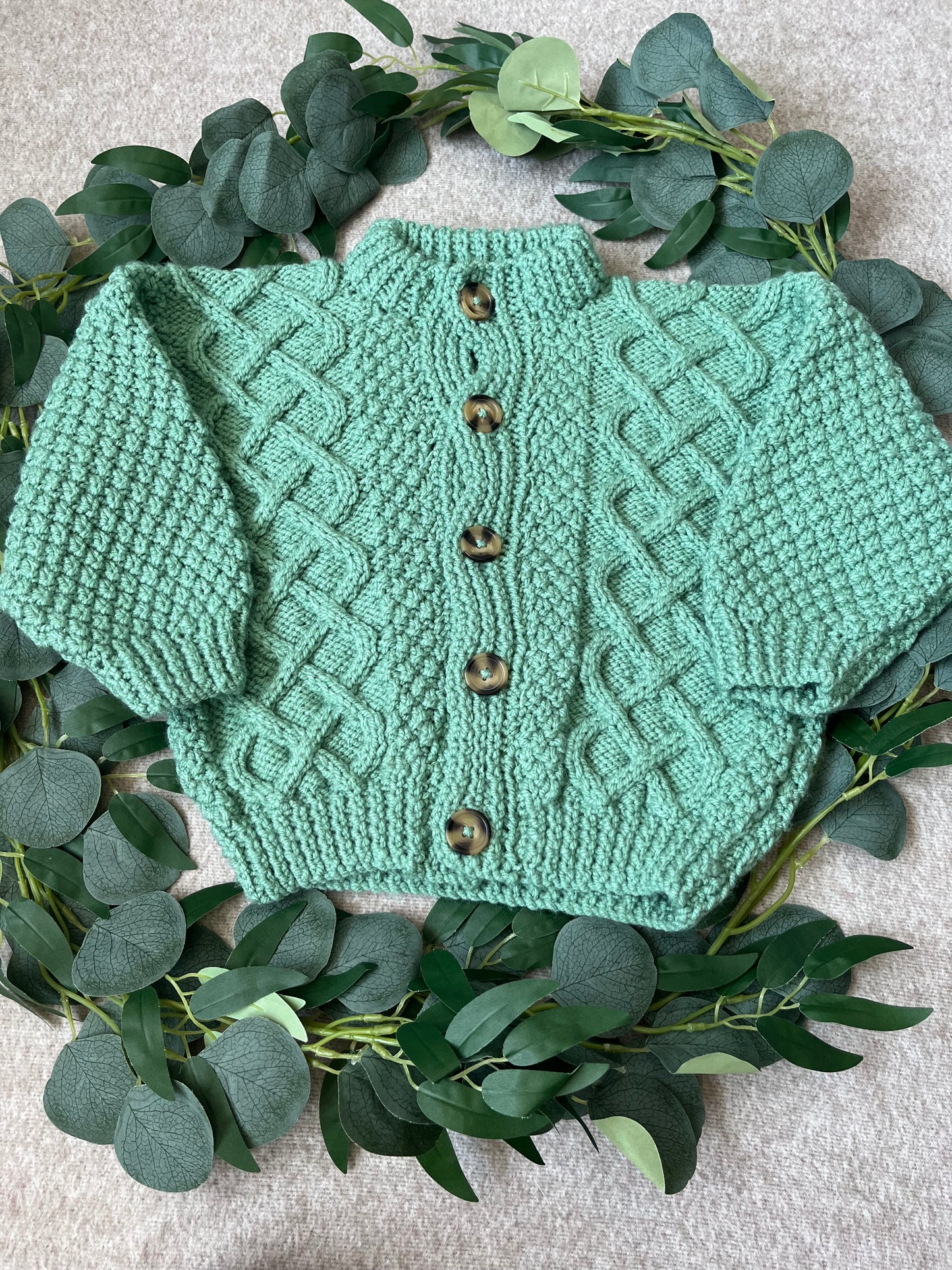 Size 3-5 Years, Free Range, Green Hand Knitted Cardigan