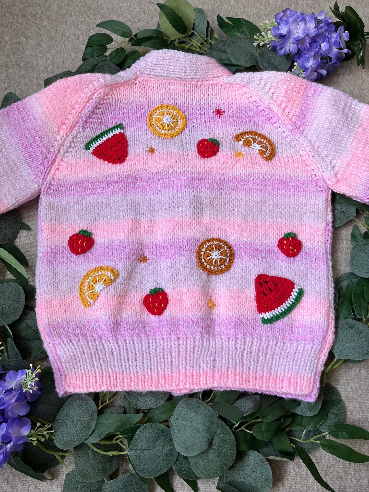 Size 4-6 Years, Personalise Me, Name Cardigan, Ombre Pink/ Purple/ White Hand Knitted