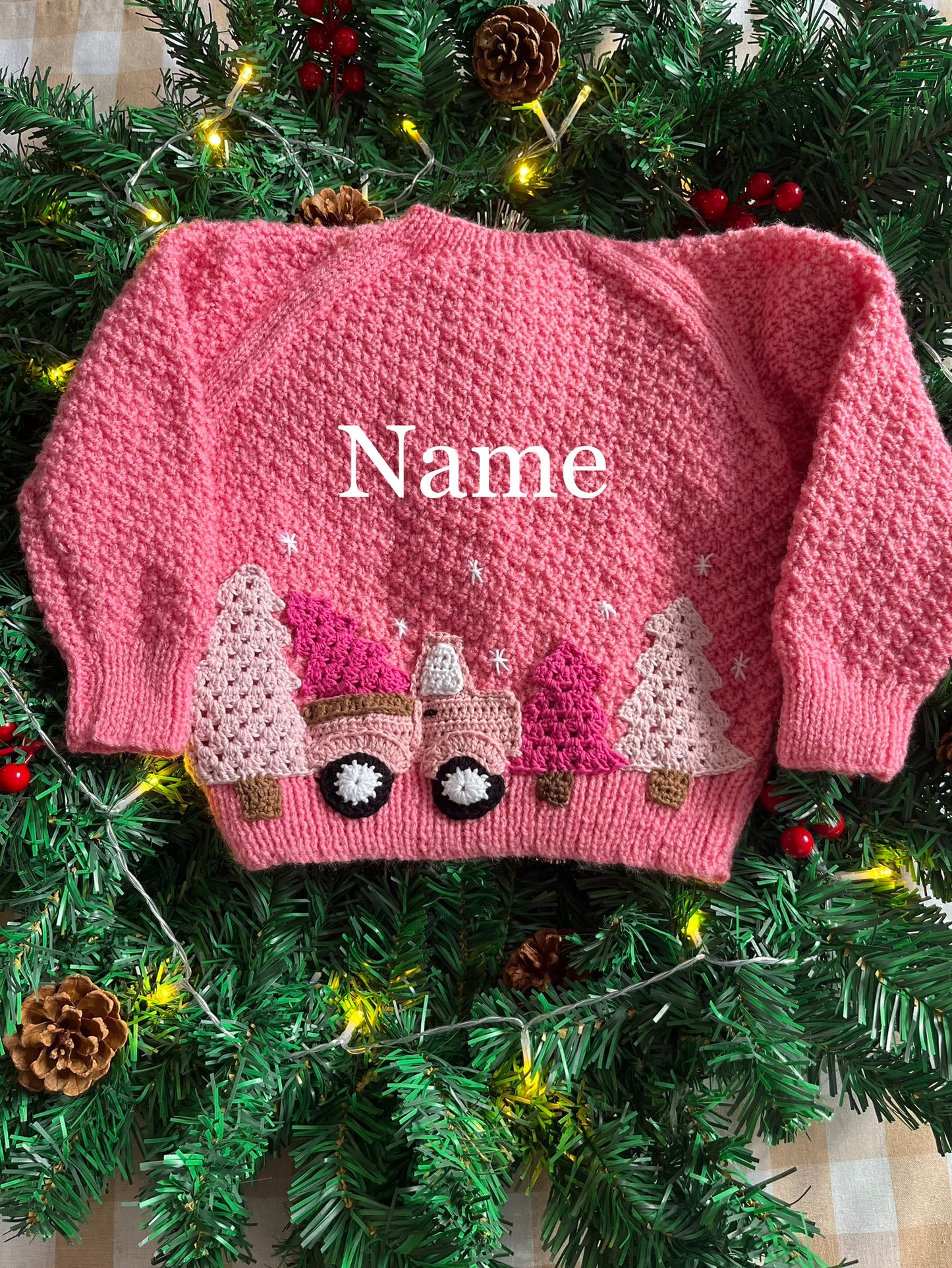 Personalise Me, Size 2-4 Years, Handknitted Pink Christmas Truck & Trees