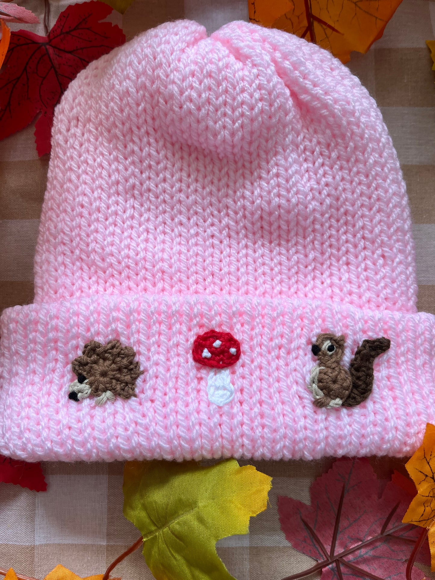 Size 4-6 Years, Pink Hand Knitted Hat, Tiny Headgehog, Toadstool & Squirrel