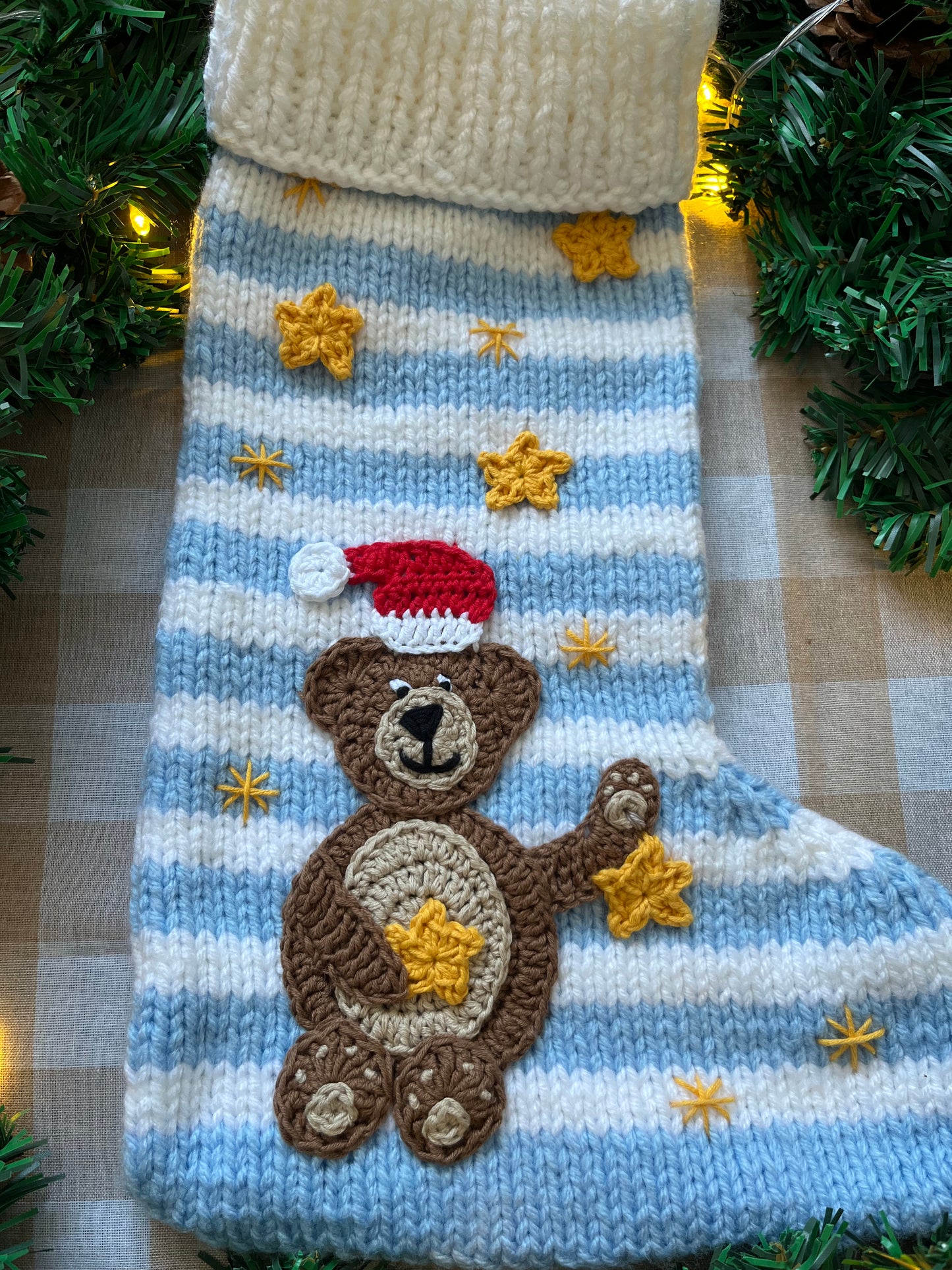 Christmas Stocking, Blue & White Stripe, Bear with Stars
