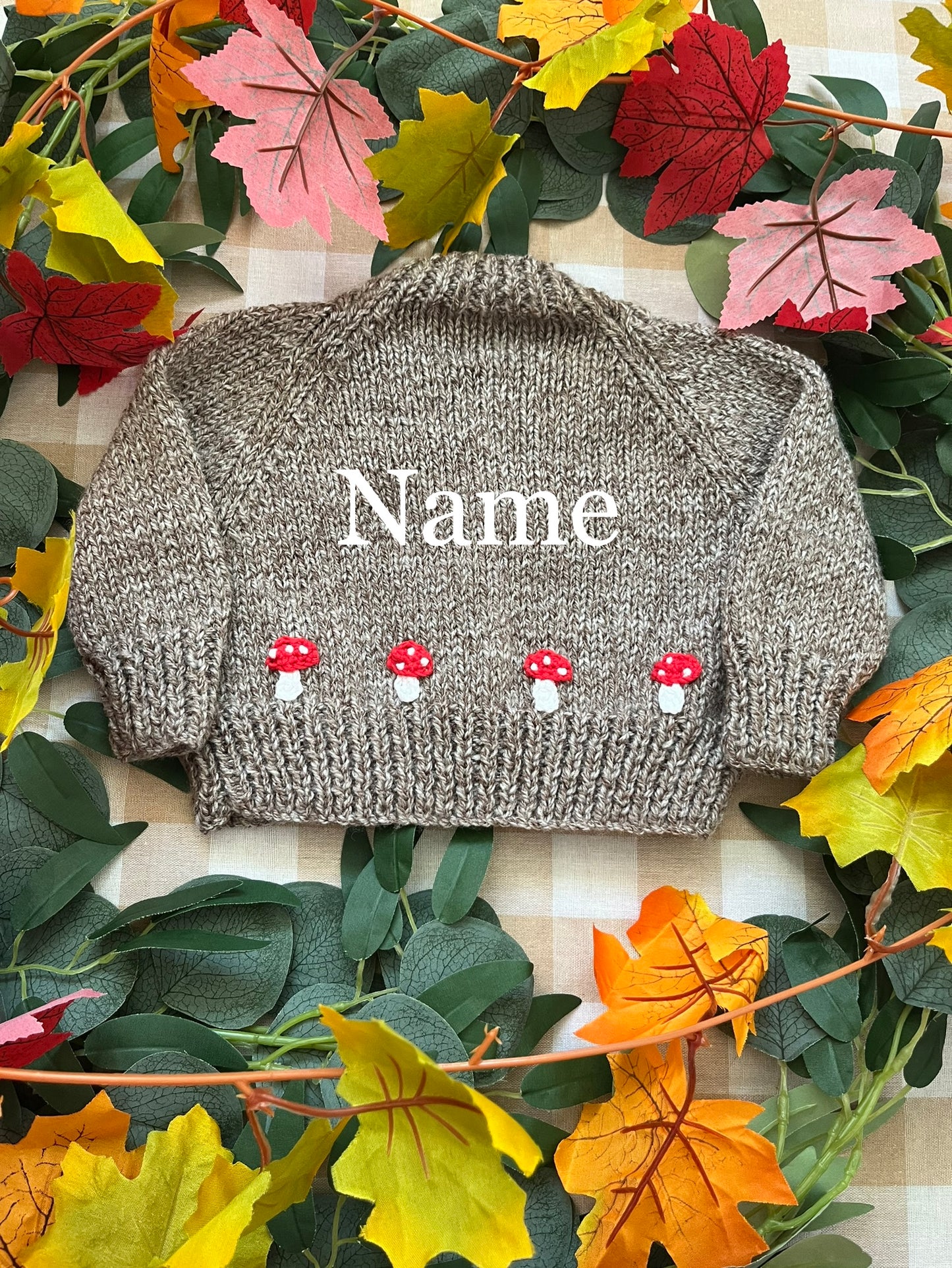 Personalise Me, Size 0-3 Months, Name Cardi, Brown with Mini Toadstools