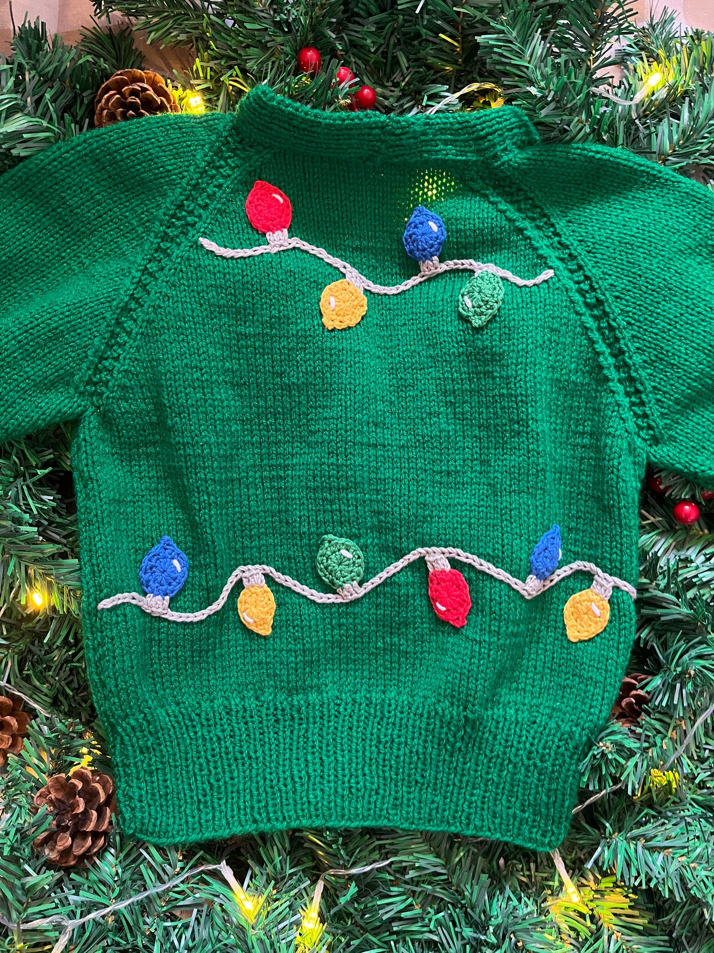 Personalise Me, Size 5-7 Years, Name Cardigan, Green Christmas Lights Cardi