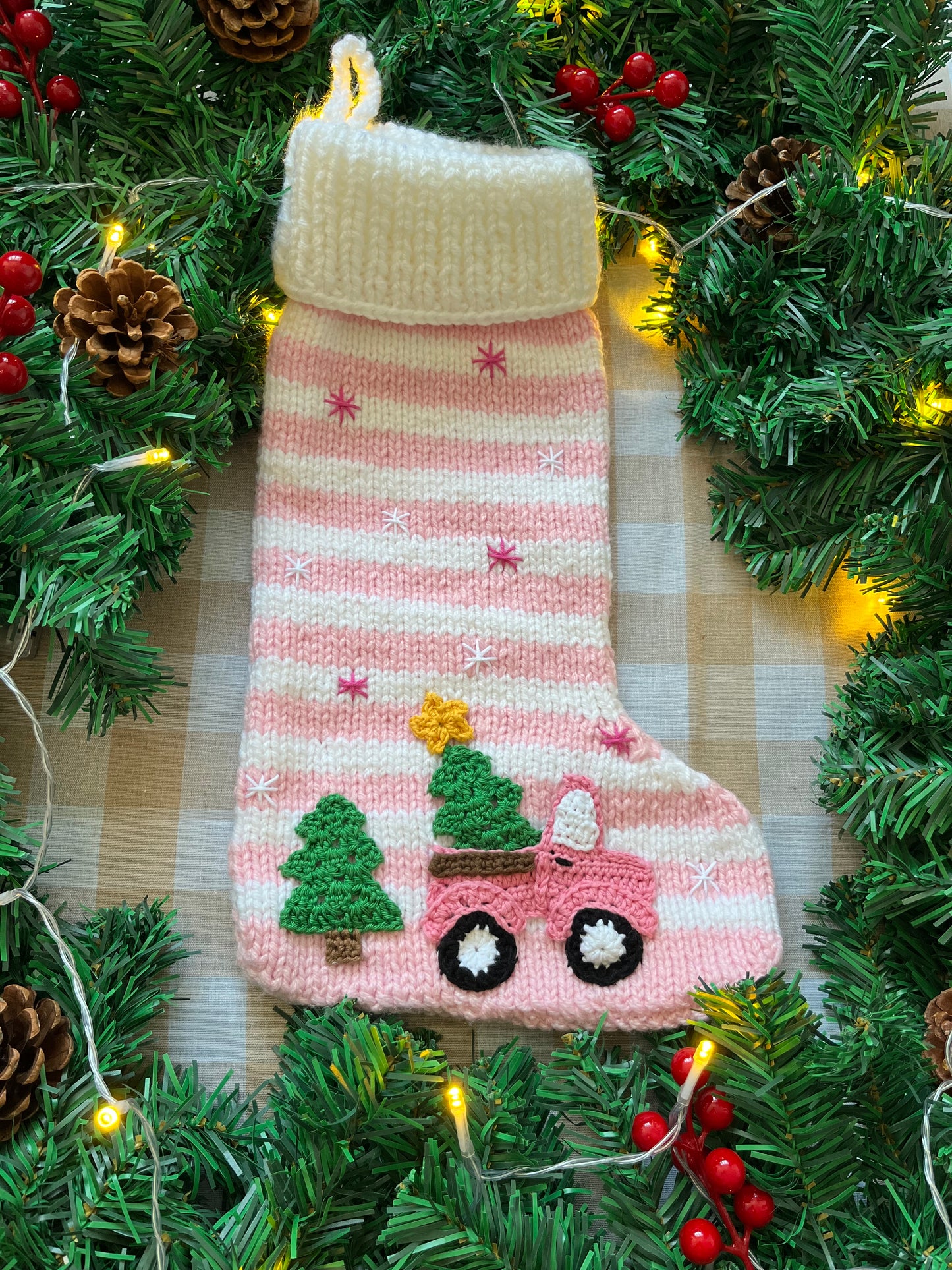 Christmas Stocking, Pink & White Stripe with Pink Christmas Tree Truck