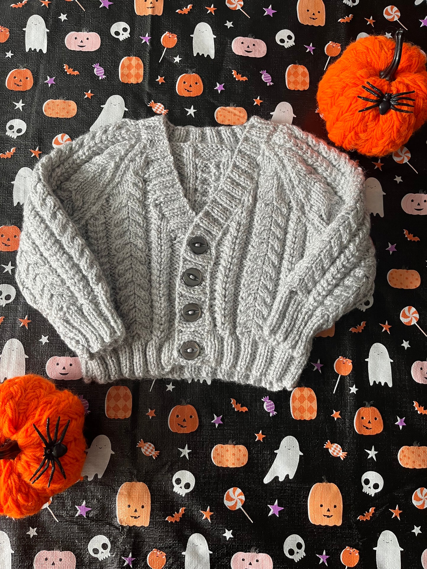 Size 0-3 Months, Boo Cardigan, Halloween Baby Cardigan, Grey Hand knitted