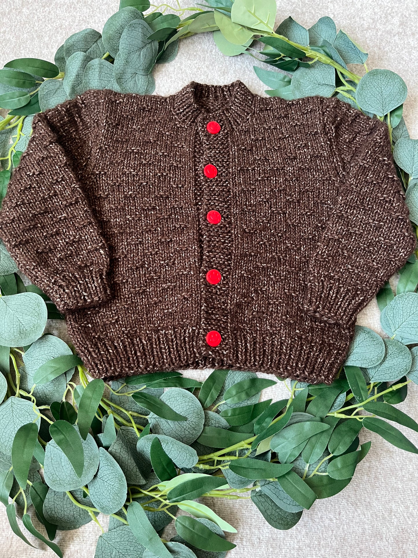 Size 1-3 Years, Jammy, Brown Hand Knitted Cardigan