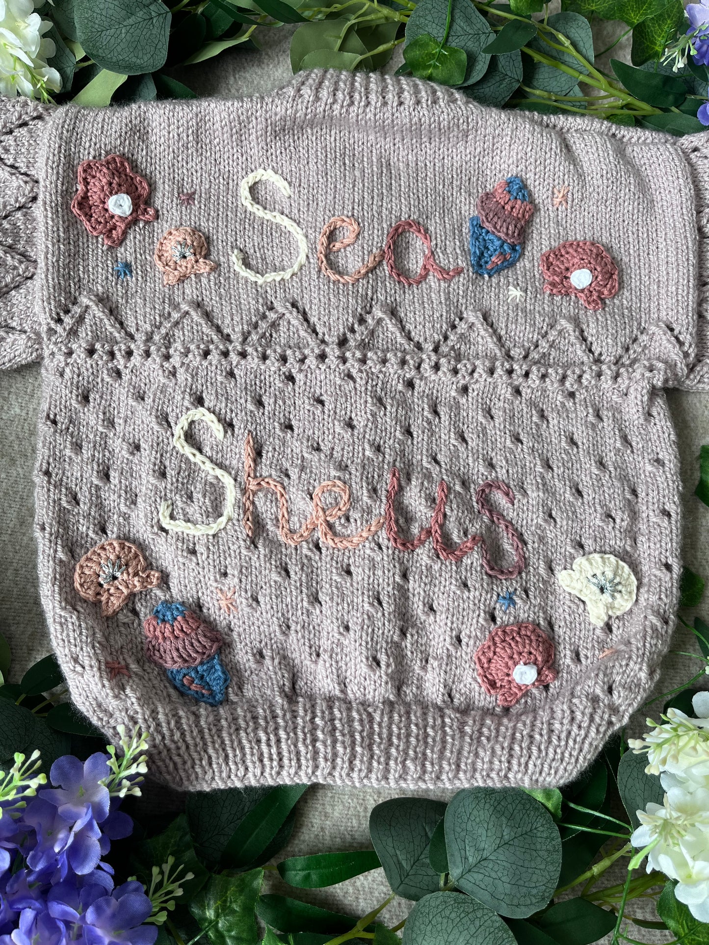 Size 2-4 Years, Sea Shells, Hand Knitted Cardigan