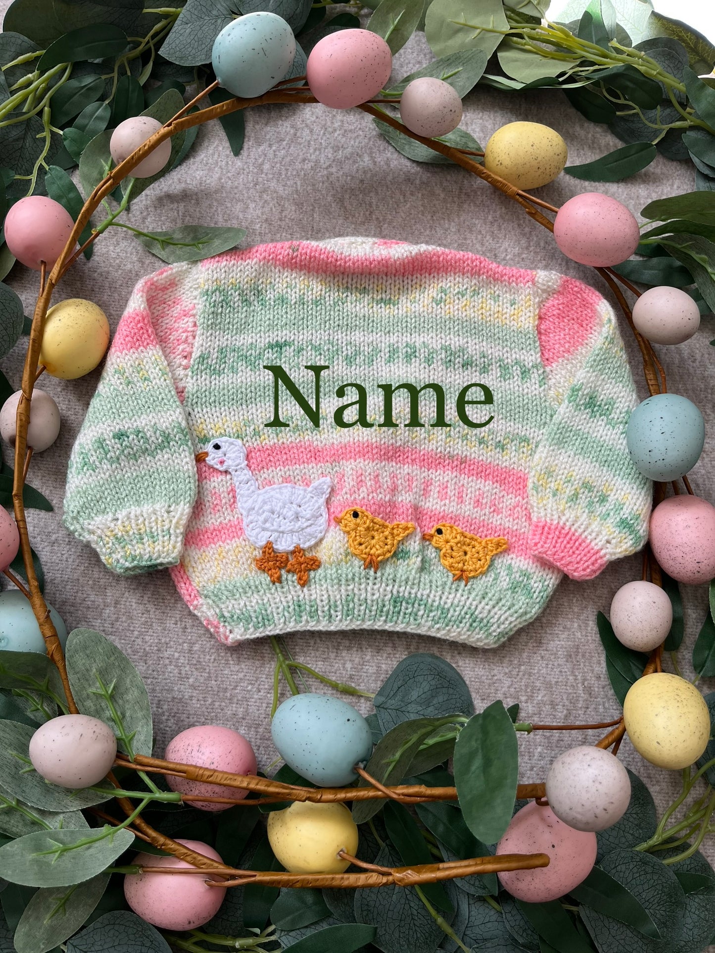 Personalise Me, Size 0-3 Months, Duck & Chicks, Pink & Green Hand knitted Cardigan