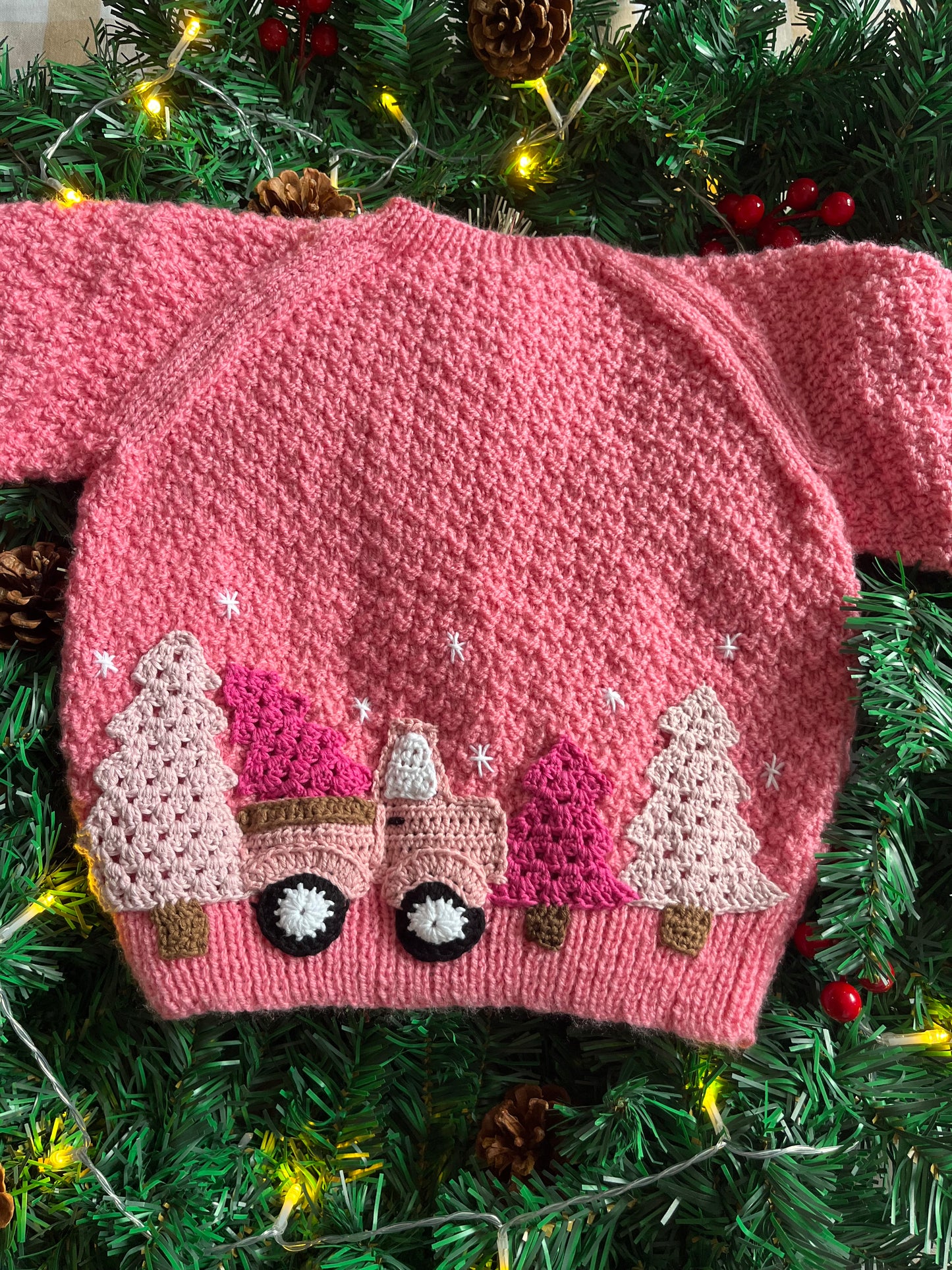 Personalise Me, Size 2-4 Years, Handknitted Pink Christmas Truck & Trees