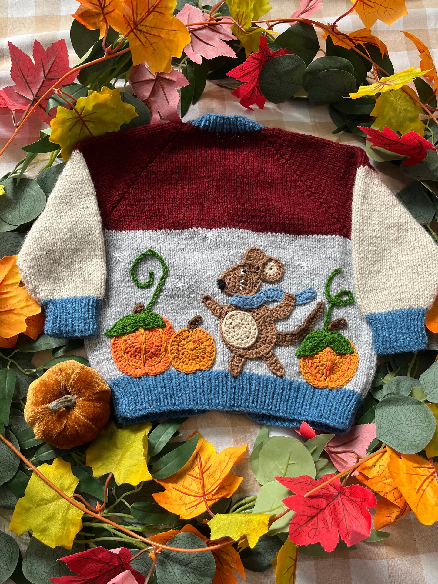 Size 1-2 Years, Field Mouse with Pumpkins, Burgundy, Beige and Grey