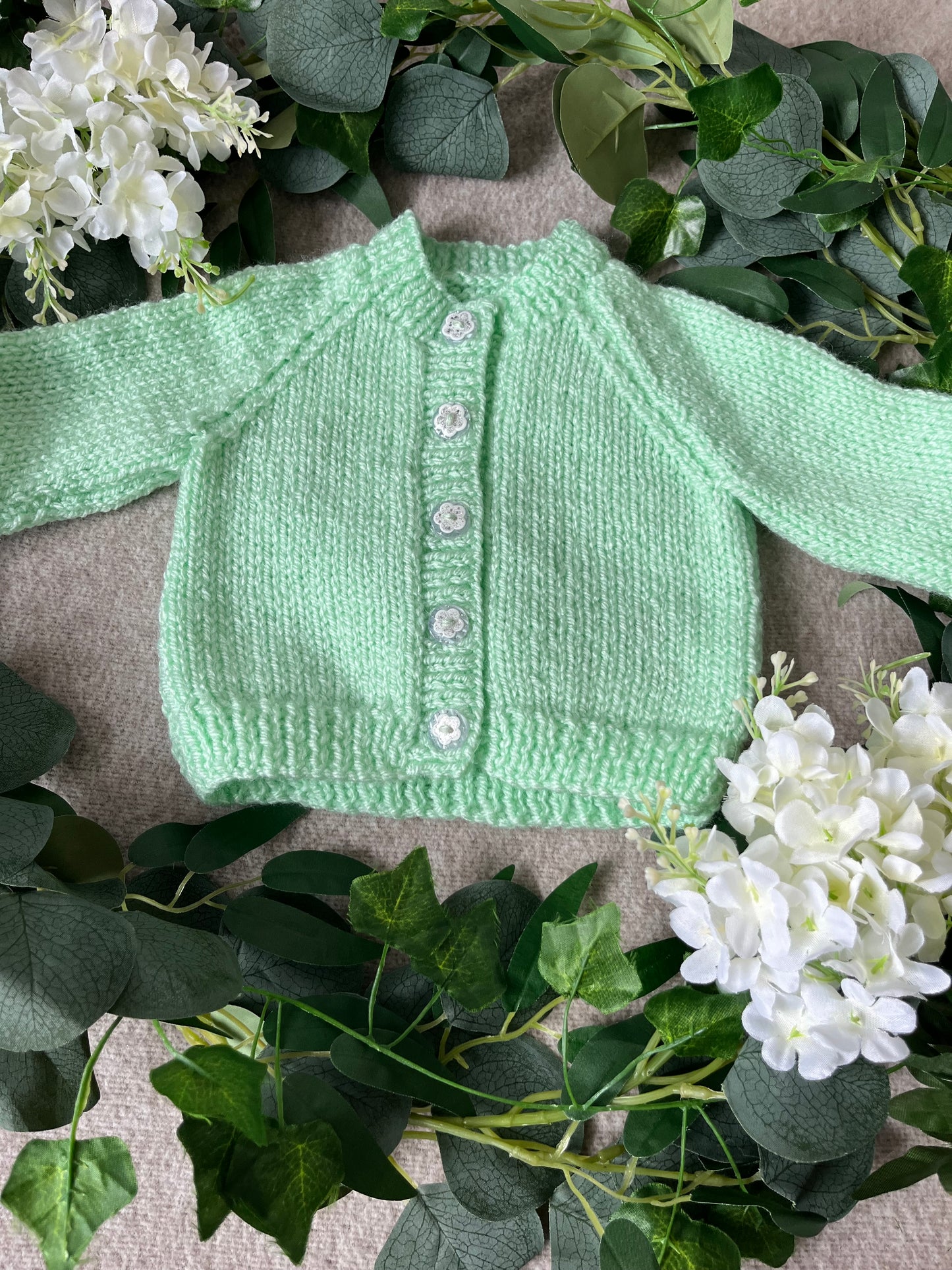 Size 0-3 Months, Bear & Daisy Cardigan, Mint Green Hand Knitted