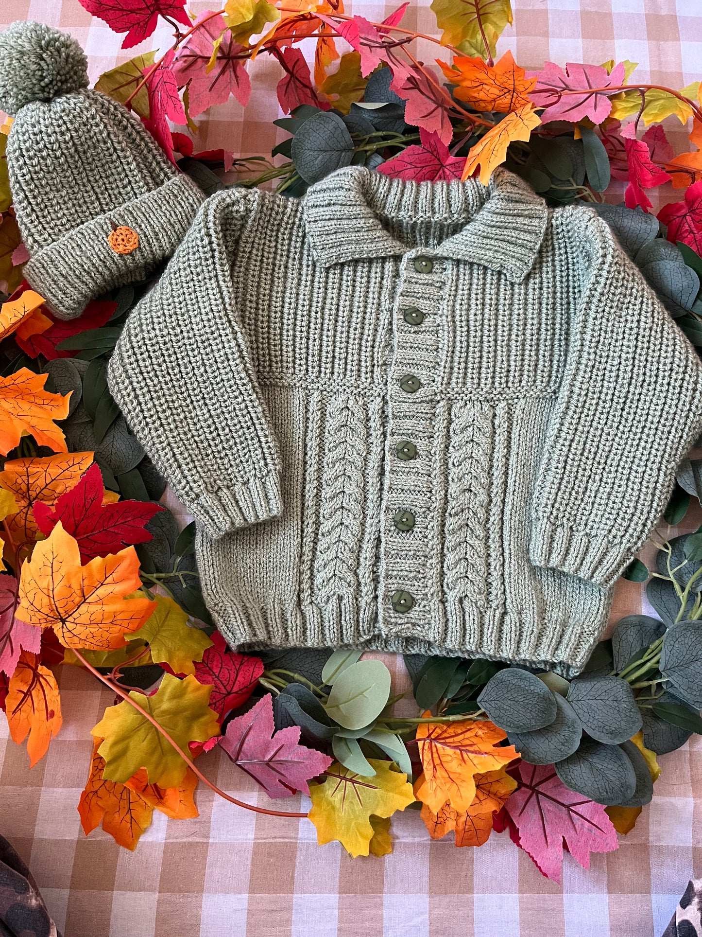 Size 2-4 years, Pumpkin Patch Cardi & Hat, Sage Green Hand Knitted Cardigan