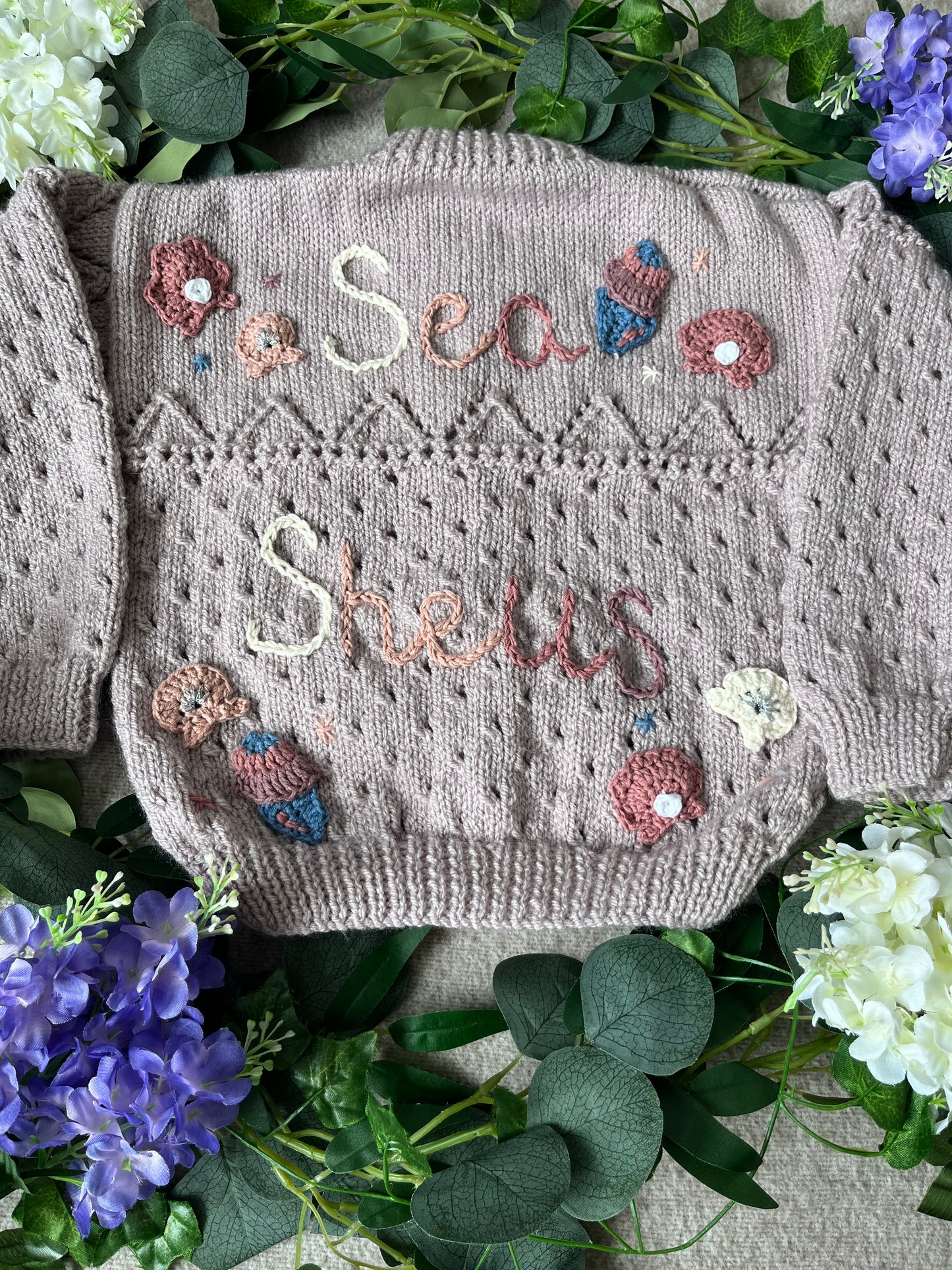 Size 2-4 Years, Sea Shells, Hand Knitted Cardigan