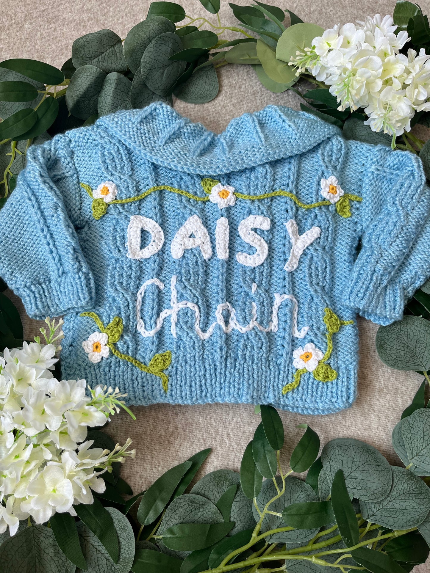 Size 6-12 Months, Daisy Chain, Baby Blue Hand Knitted Collar Cardigan