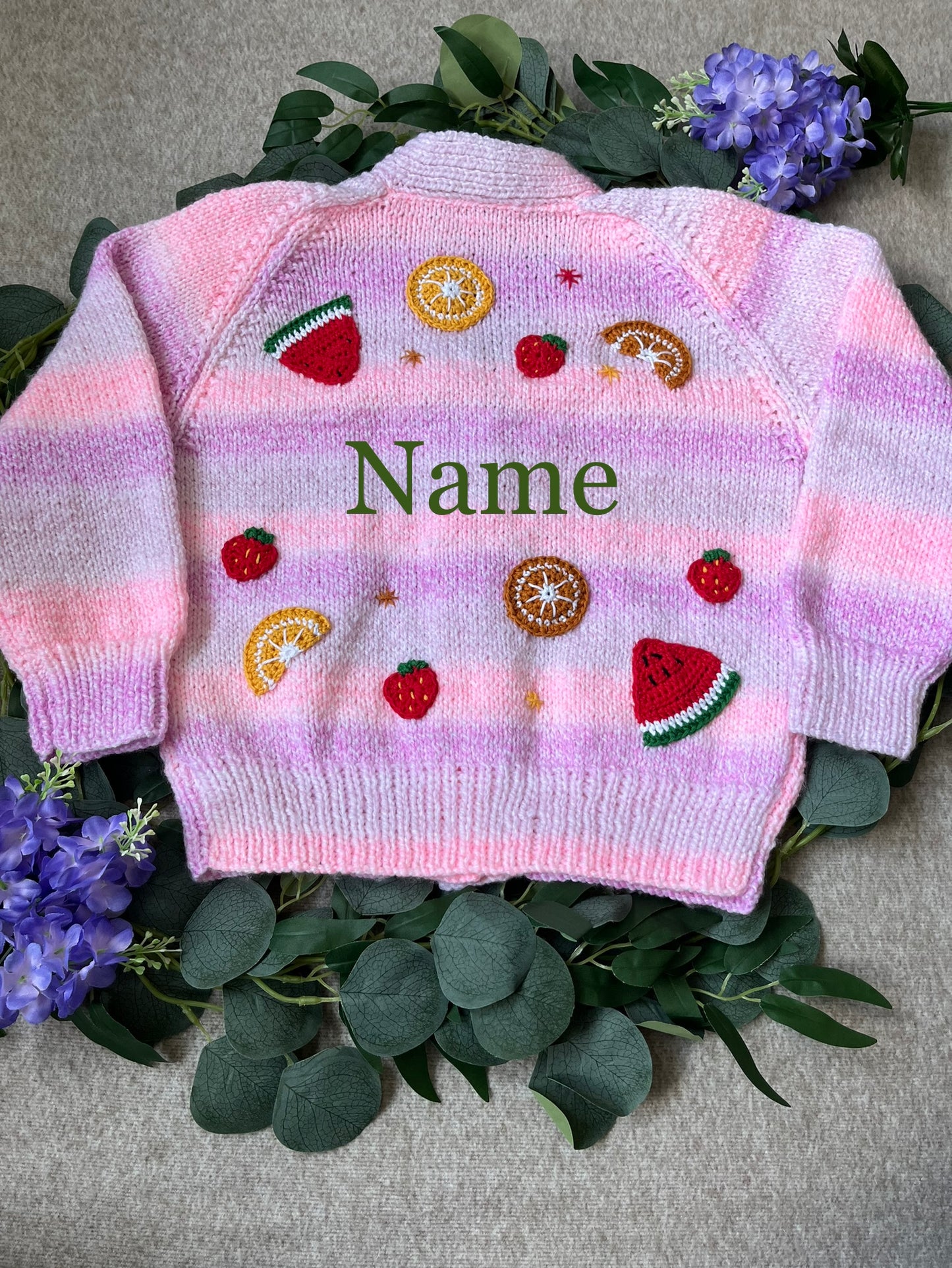 Size 4-6 Years, Personalise Me, Name Cardigan, Ombre Pink/ Purple/ White Hand Knitted