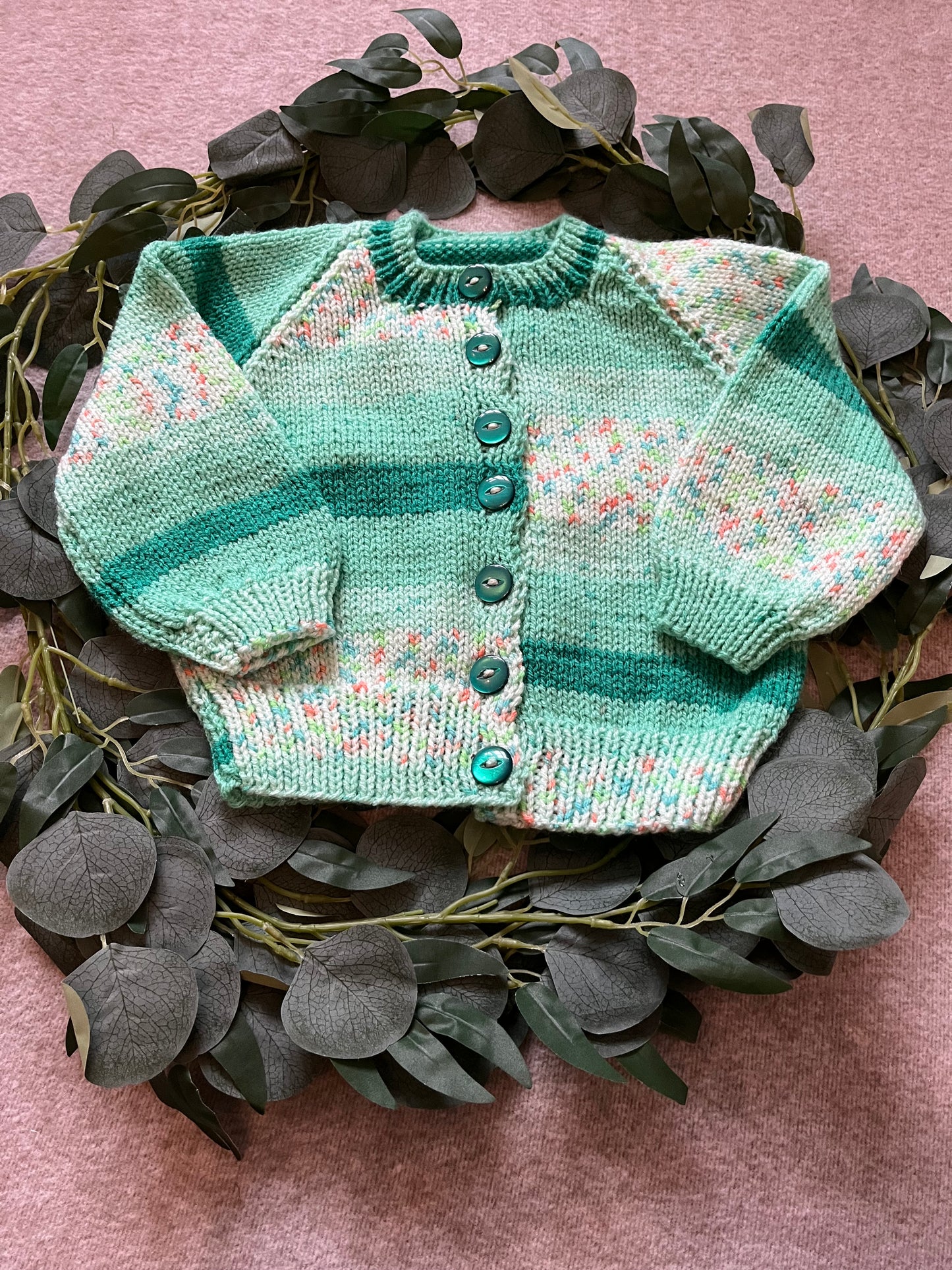 Size 1-2 Years, Ewe & Me, Sheep Cardigan, Green Fleck Hand Knitted Cardigan