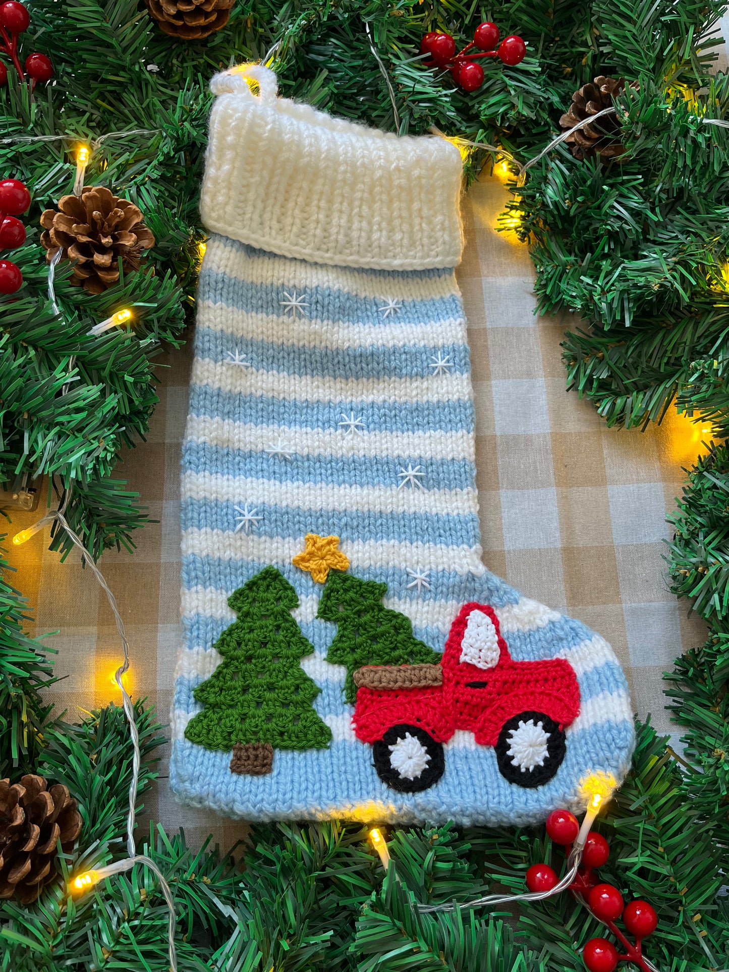 Christmas Stocking, Blue & White Stripe, Red Christmas Truck