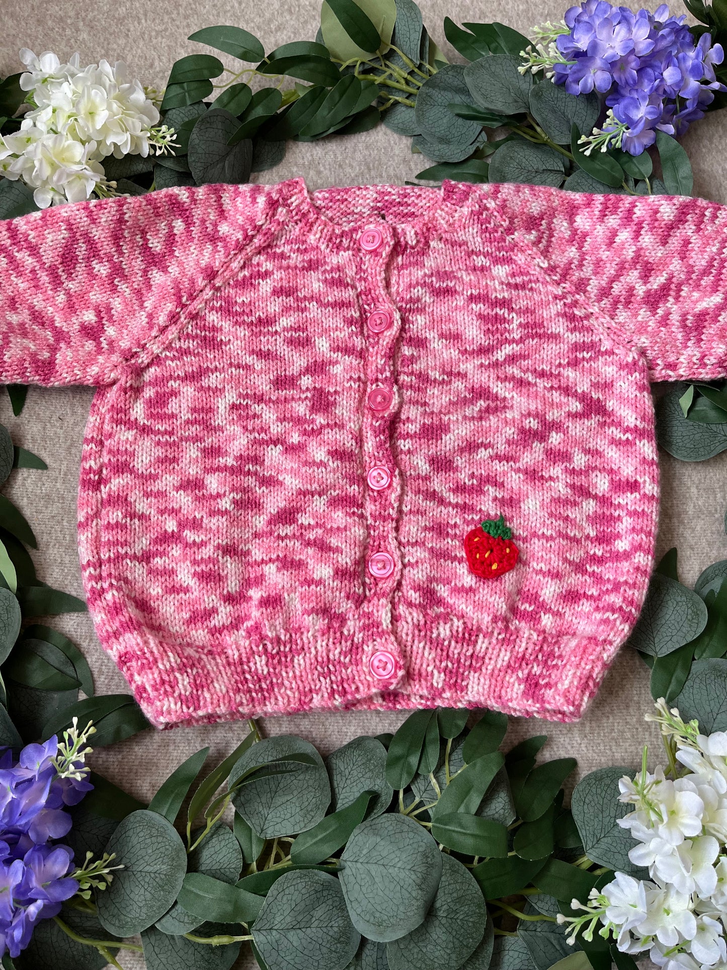 Size 2-3 Years, Sweet, Pink Fruit Hand Knitted Cardigan