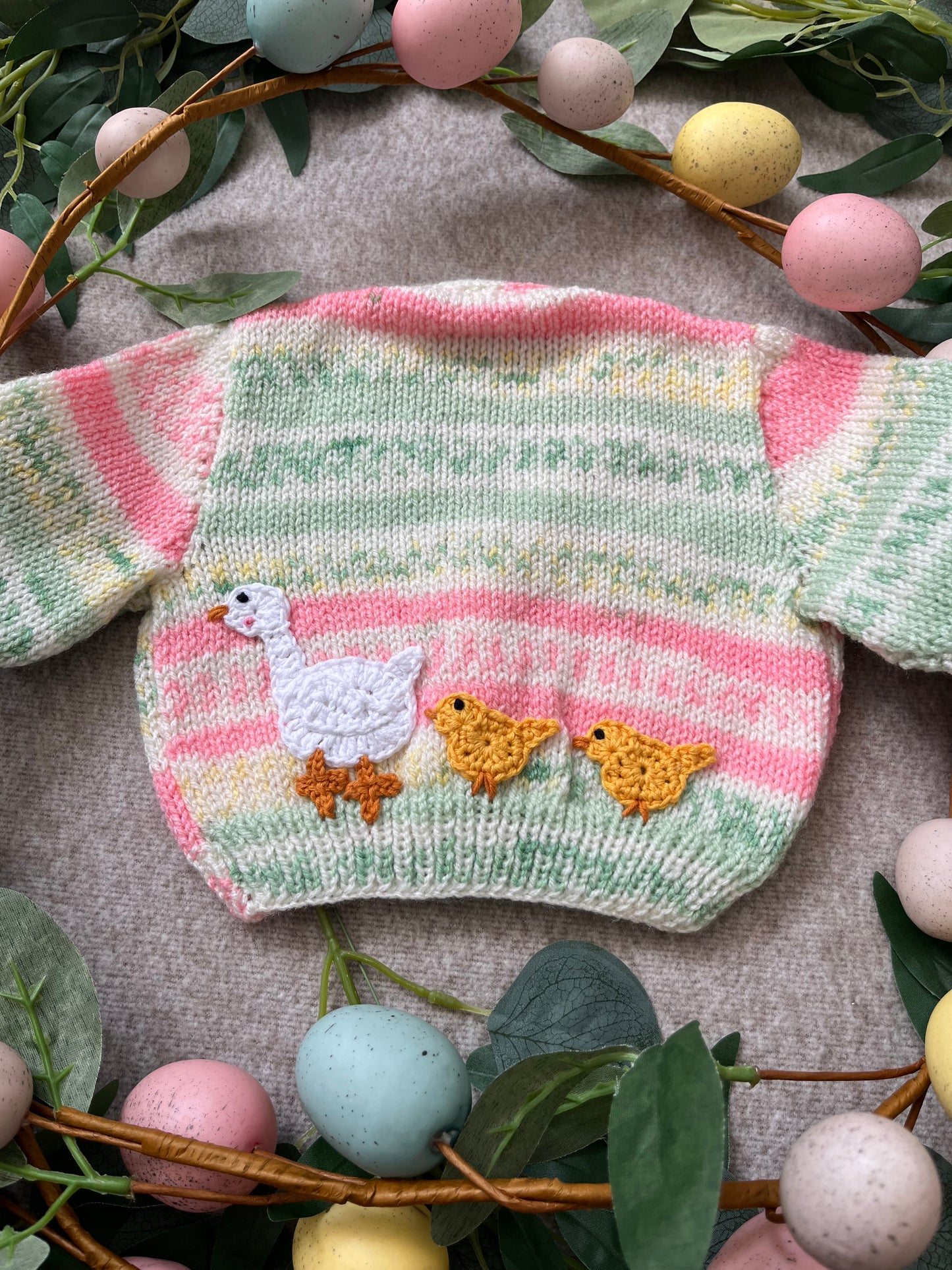Personalise Me, Size 0-3 Months, Duck & Chicks, Pink & Green Hand knitted Cardigan