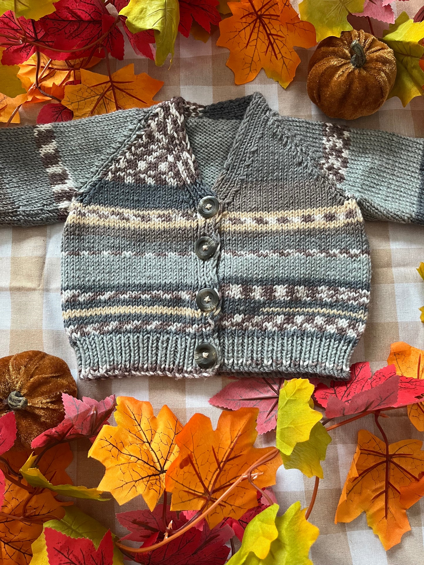 Size 0-6 Months, Grey Stripe Pumpkin Truck Cardigan