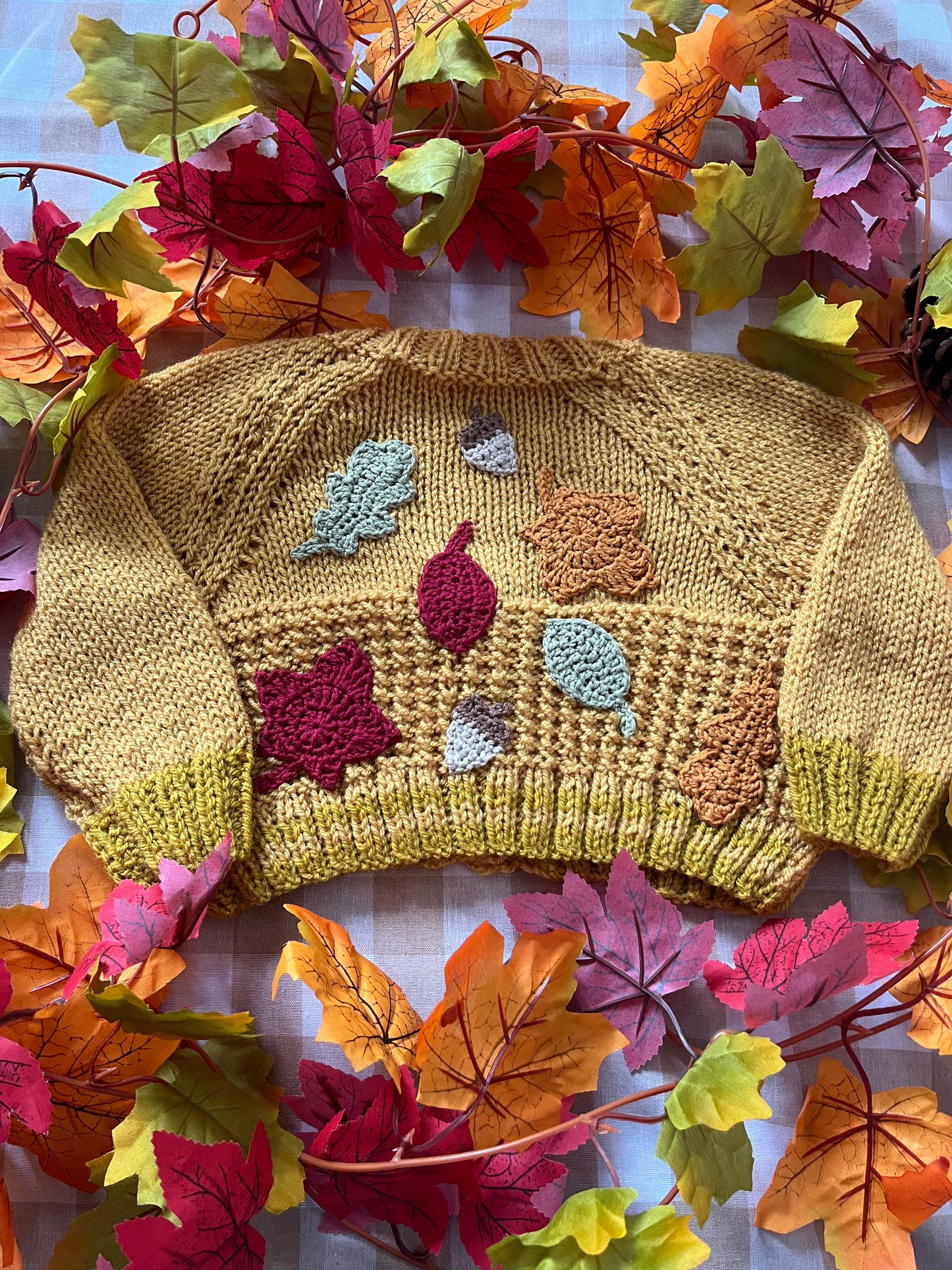 Size 1-2 Years, Autumn Leaves, Cropped Style Cardi, Mustard with Trim