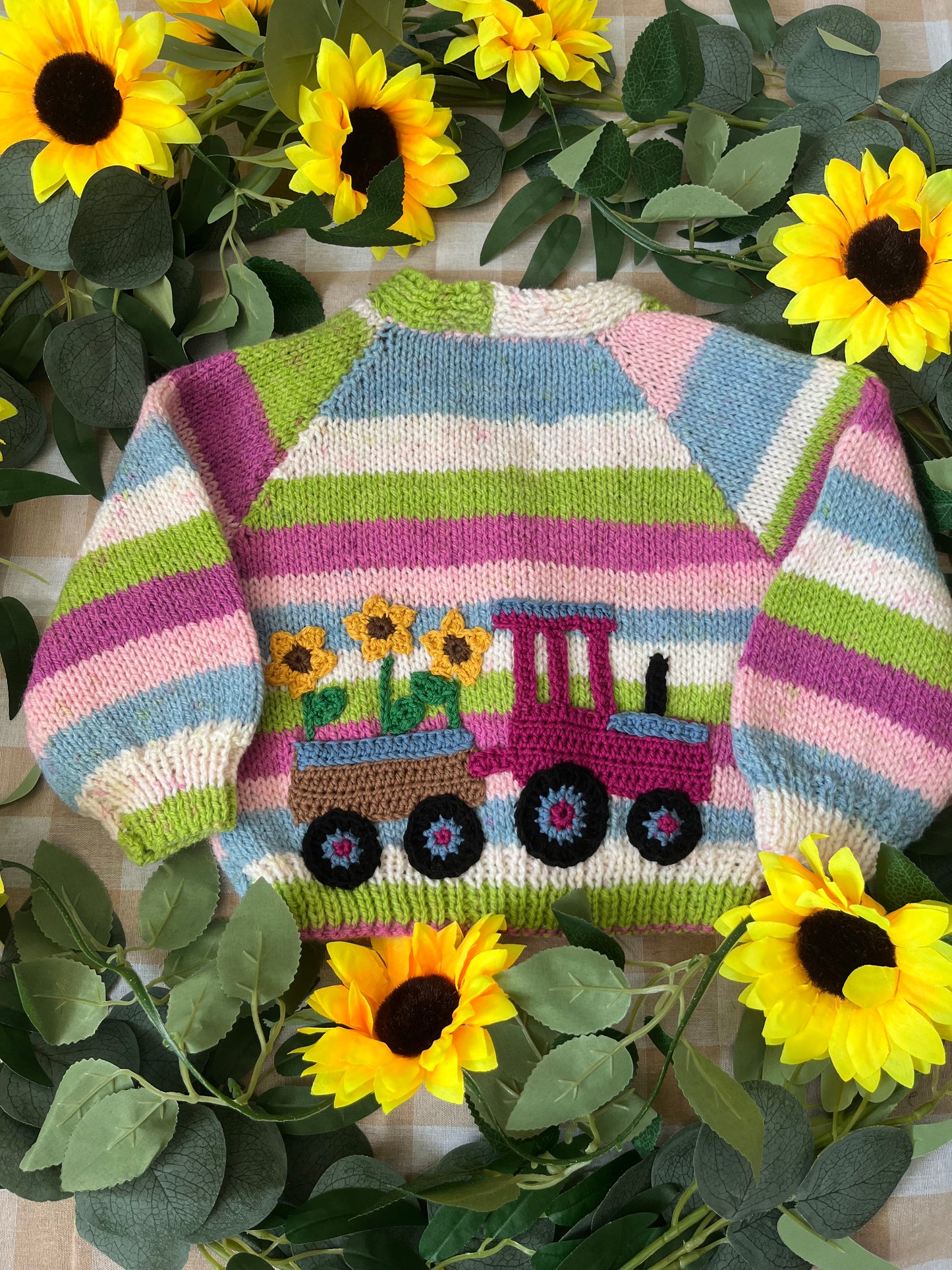 Size 6-12 Months, Sunflower Tractor, Stripe Hand Knitted Cardigan
