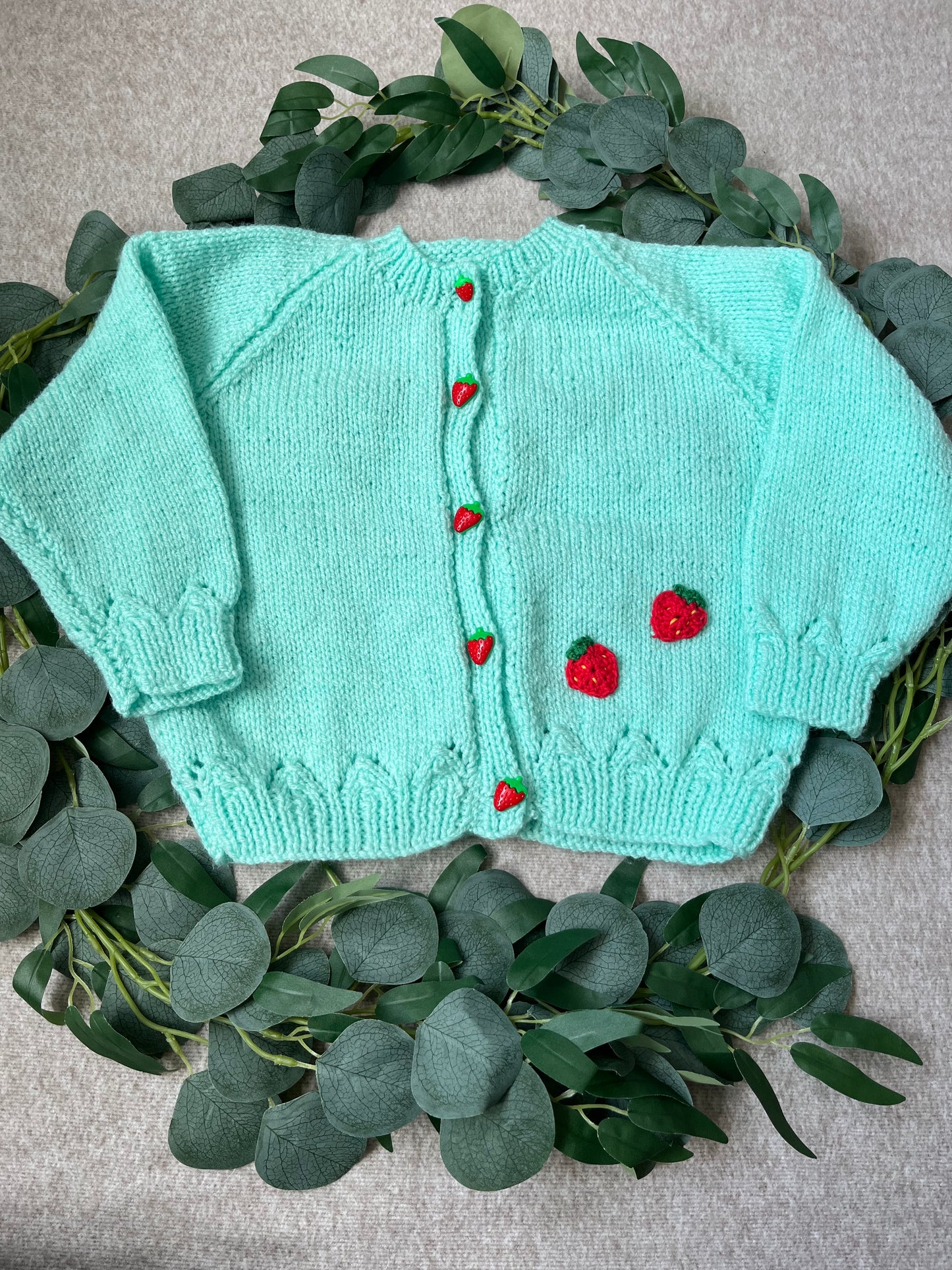 Size 3-5 Years, Berry Cute, Strawberry Buttons, Hand Knitted Cardigan