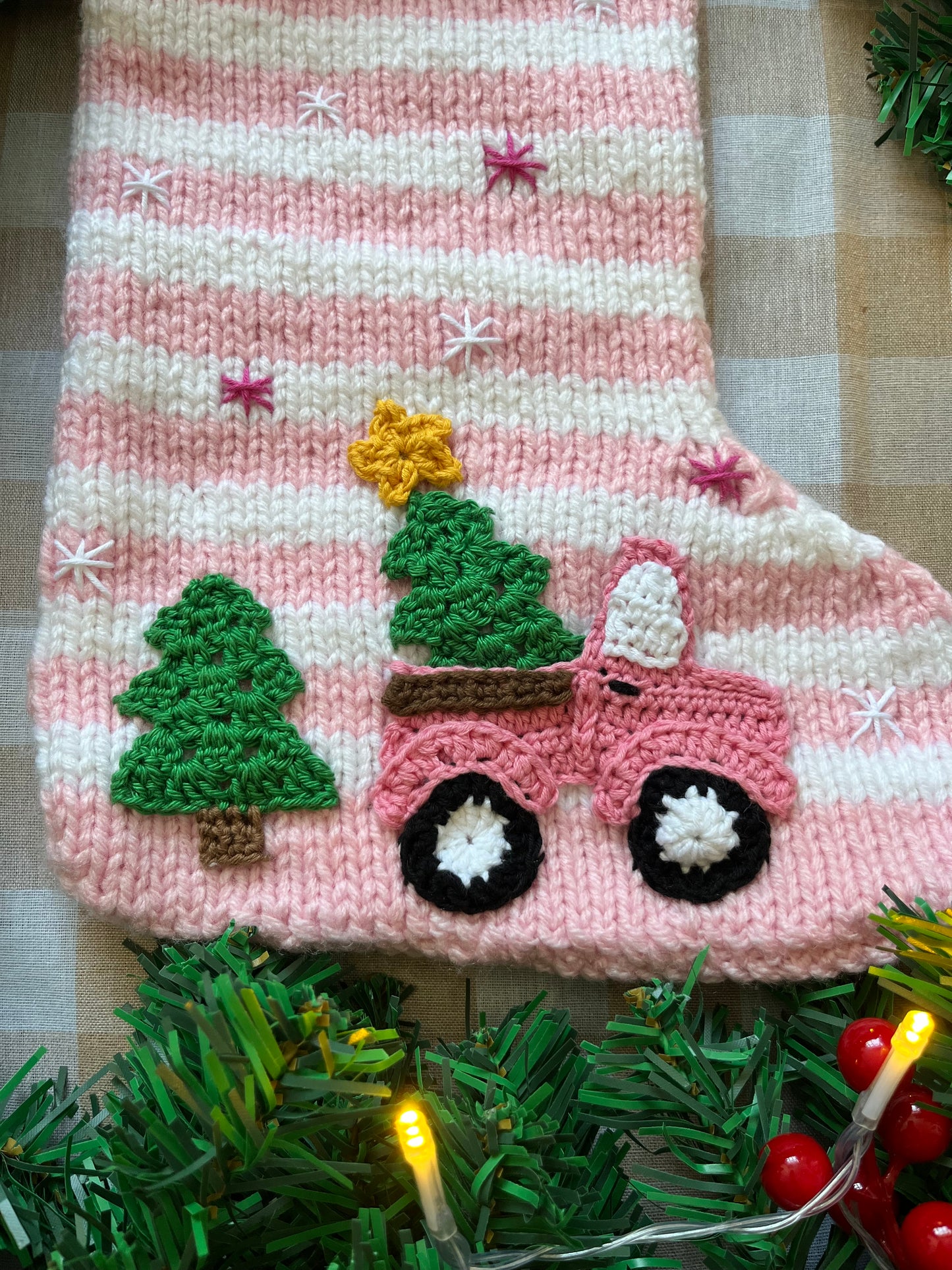 Christmas Stocking, Pink & White Stripe with Pink Christmas Tree Truck