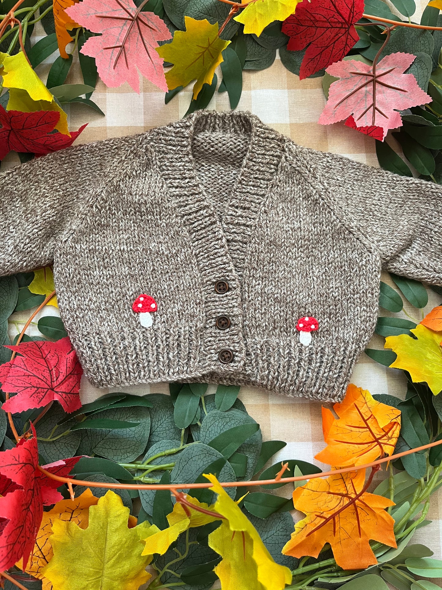 Personalise Me, Size 0-3 Months, Name Cardi, Brown with Mini Toadstools