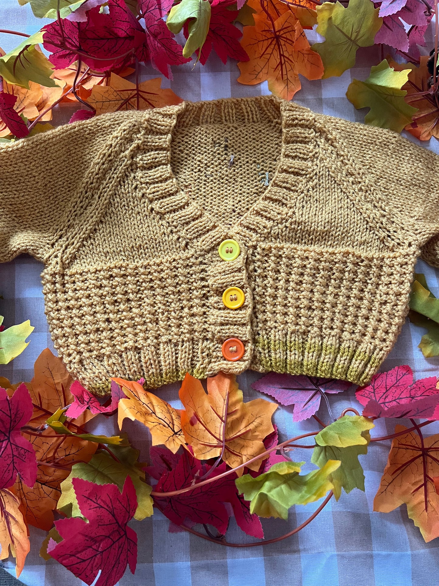 Size 1-2 Years, Autumn Leaves, Cropped Style Cardi, Mustard with Trim