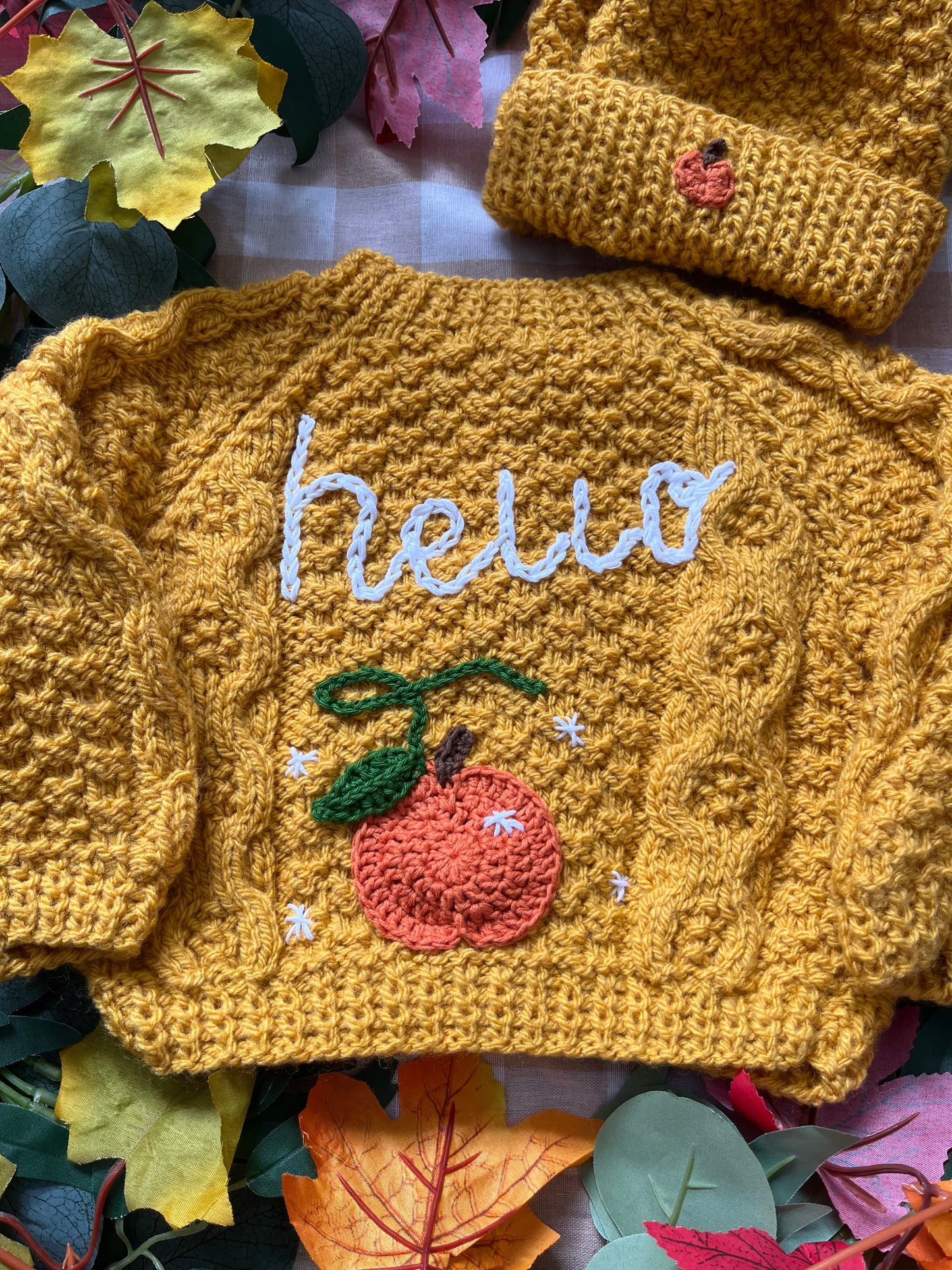 Size 0-6 Months, Mustard Hello Pumpkin Cardi & Hat set