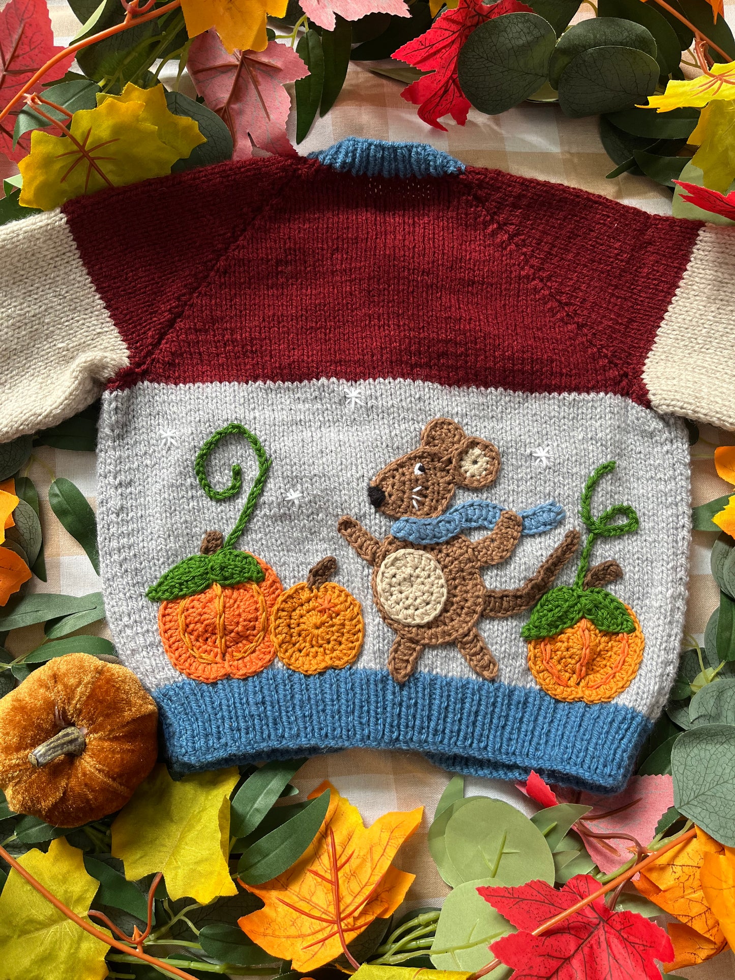 Size 1-2 Years, Field Mouse with Pumpkins, Burgundy, Beige and Grey