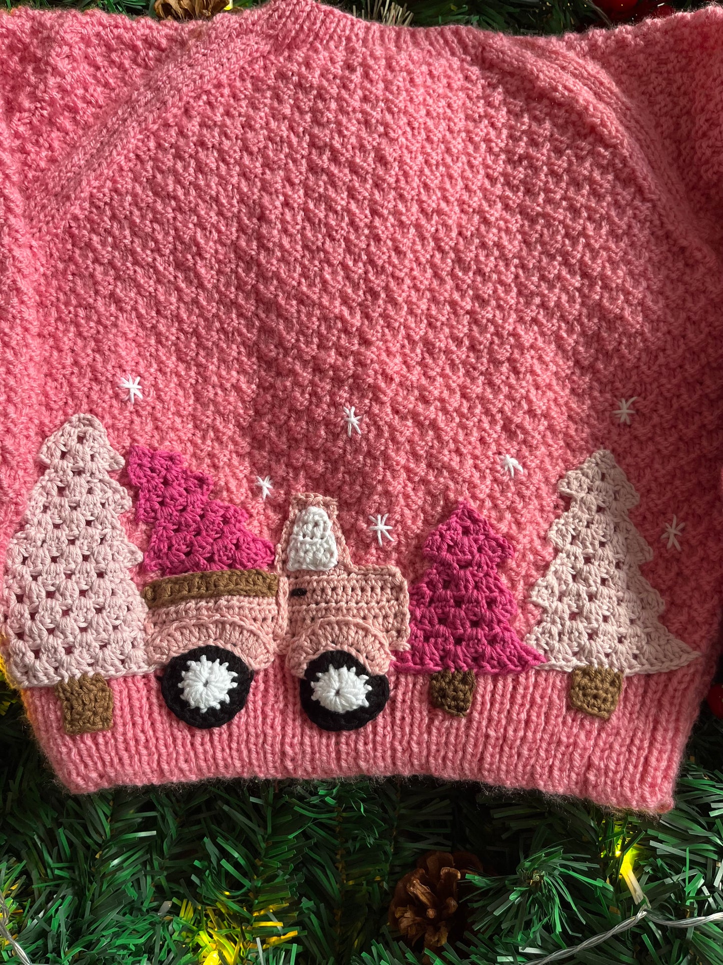 Personalise Me, Size 2-4 Years, Handknitted Pink Christmas Truck & Trees
