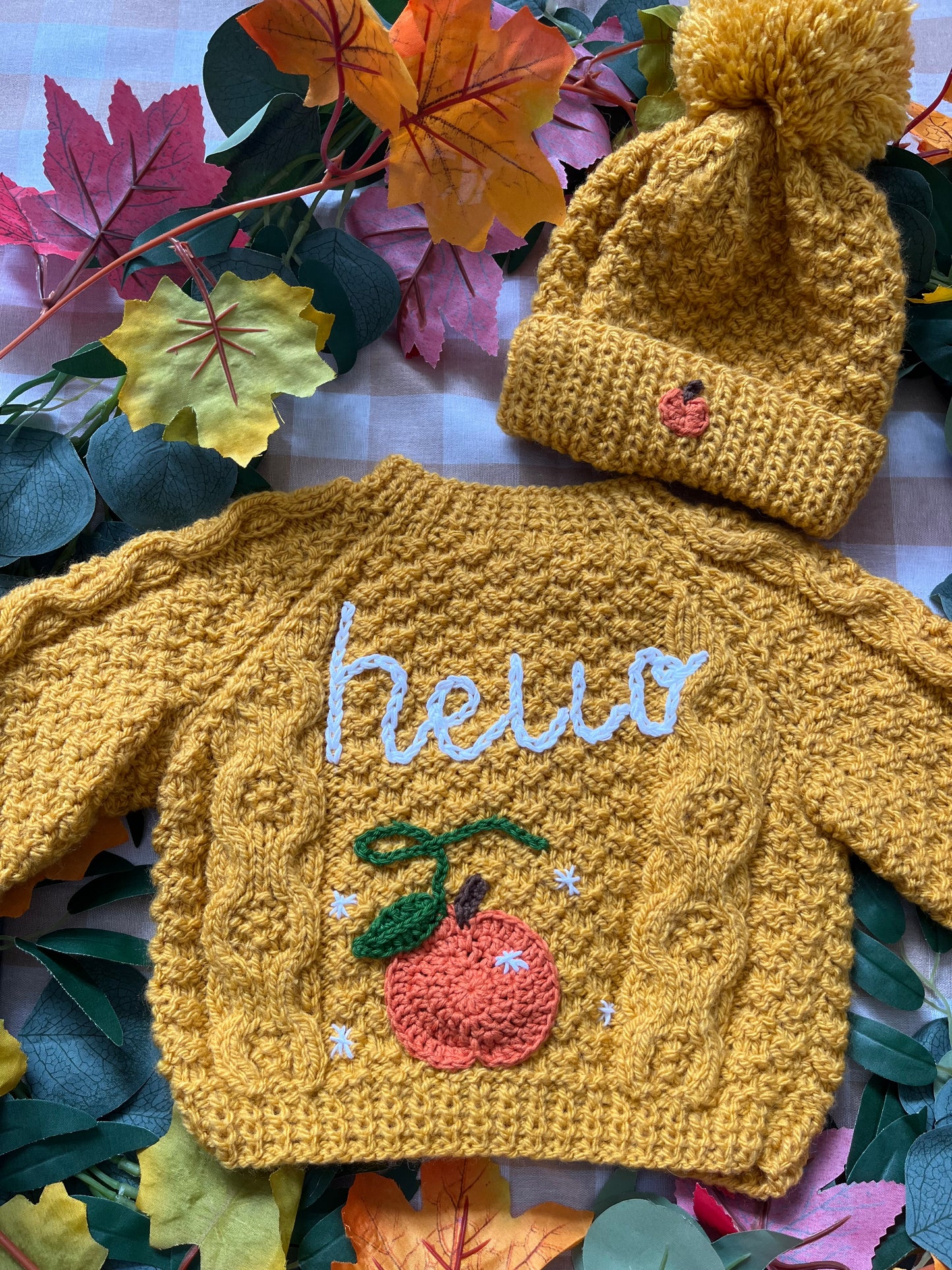 Size 0-6 Months, Mustard Hello Pumpkin Cardi & Hat set