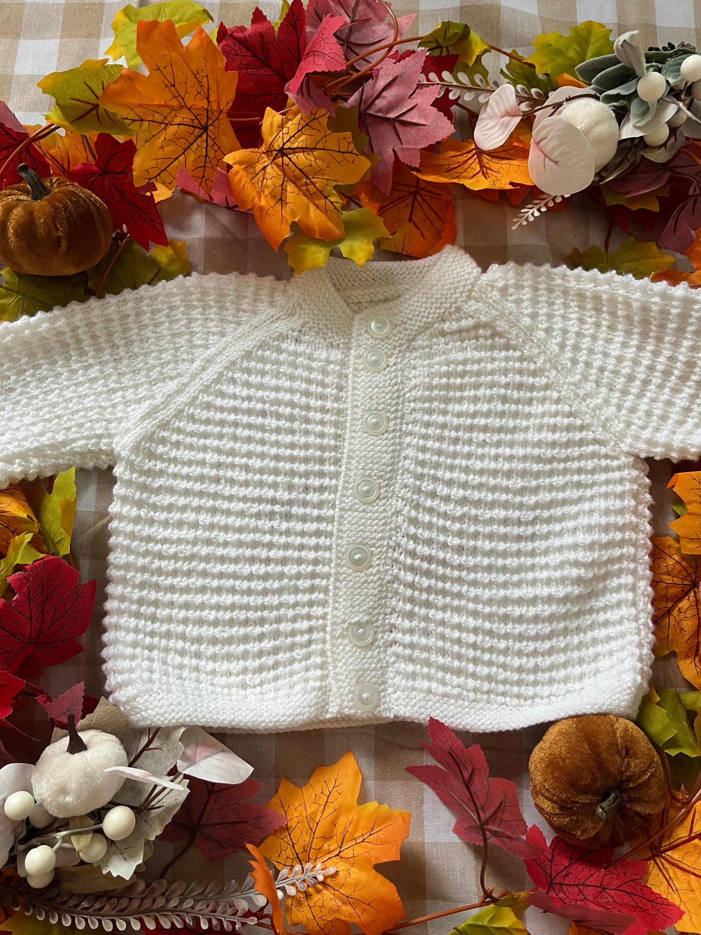 Size 1-2 Years, Pumpkin Spice, White Hand knitted Cardigan