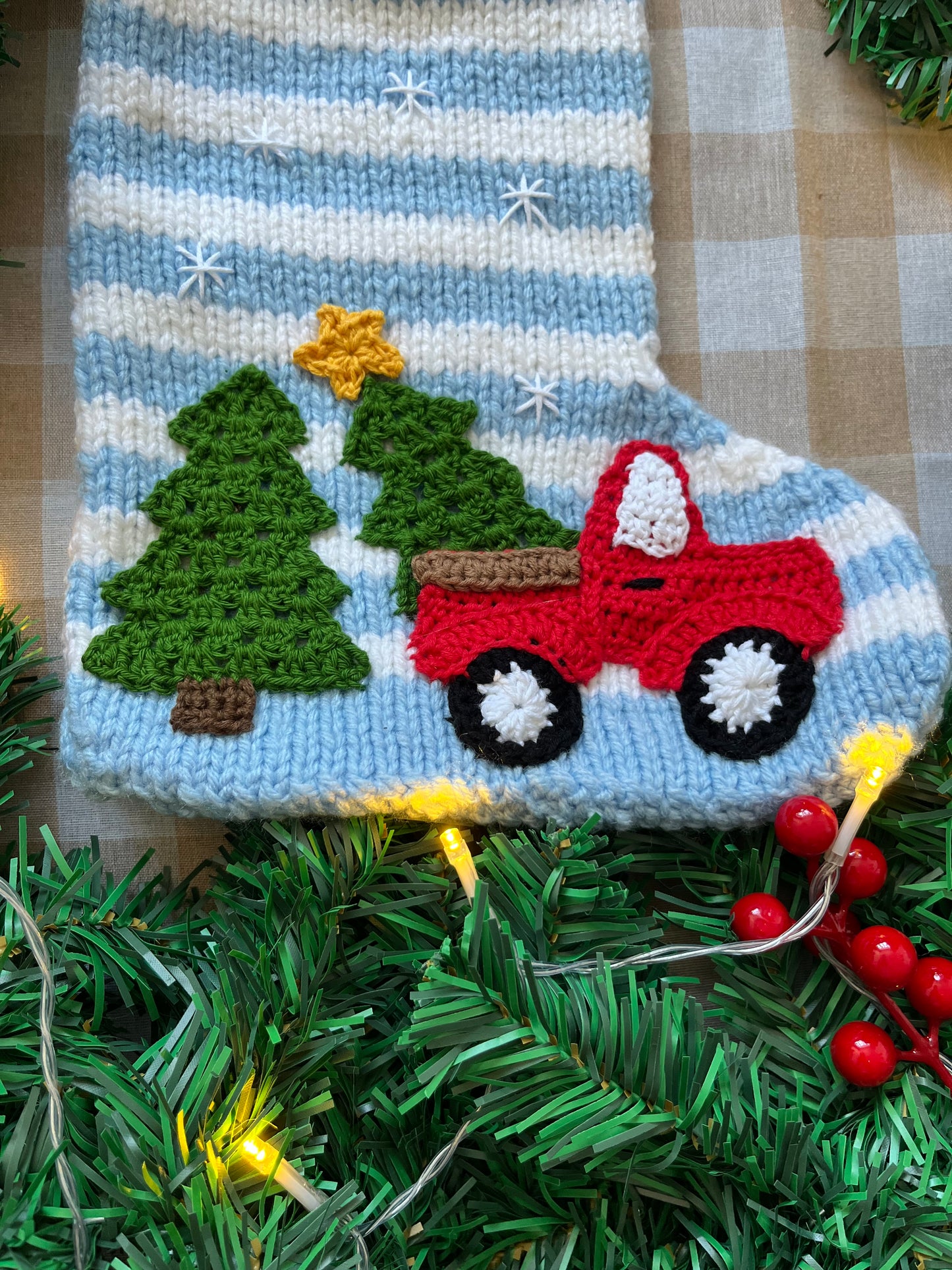 Christmas Stocking, Blue & White Stripe, Red Christmas Truck