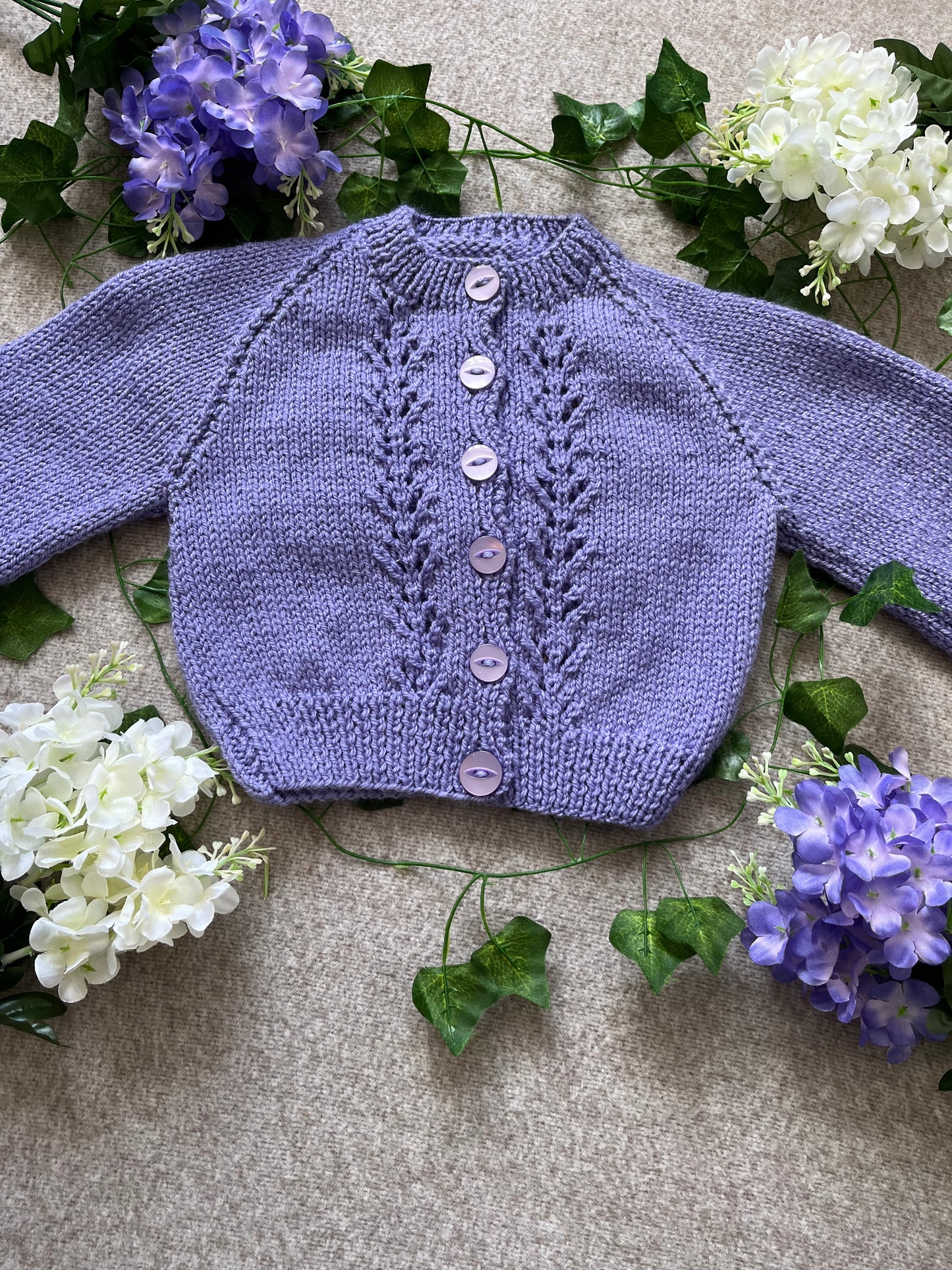 Size 6-12 Months, 3 Jars, Honey, Marmalade, Jam, Purple Hand Knitted Cardigan