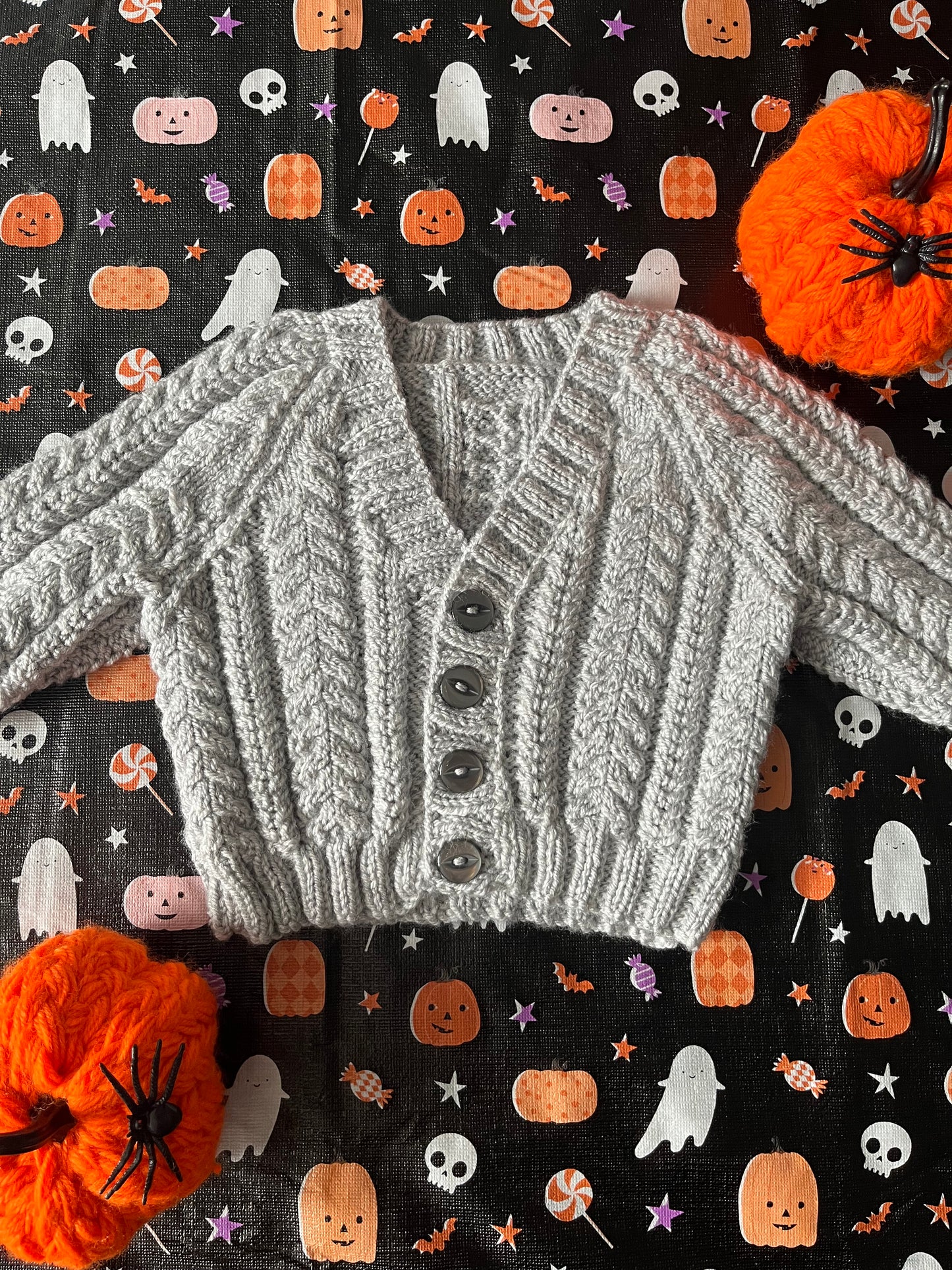 Size 0-3 Months, Boo Cardigan, Halloween Baby Cardigan, Grey Hand knitted