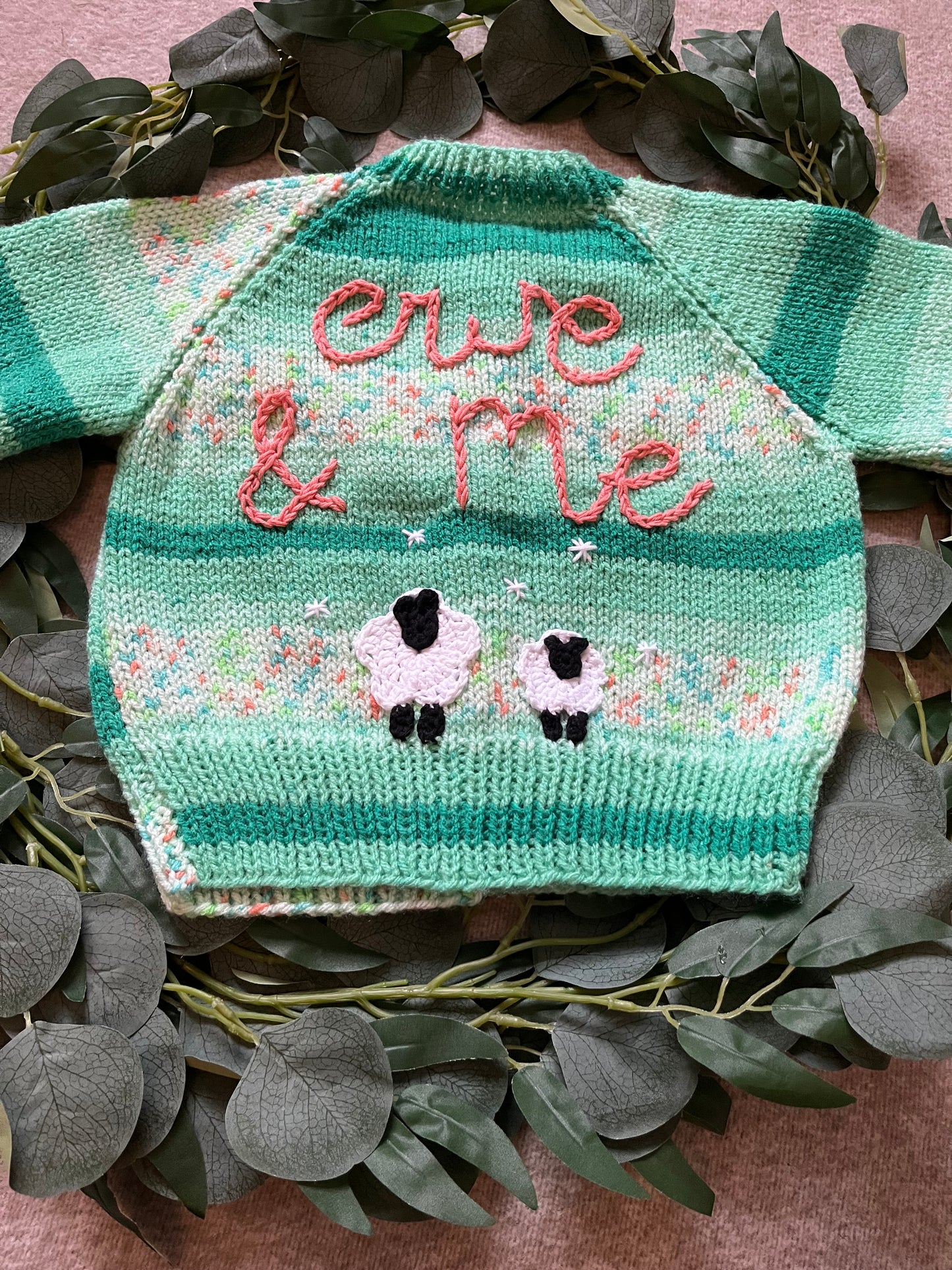 Size 1-2 Years, Ewe & Me, Sheep Cardigan, Green Fleck Hand Knitted Cardigan