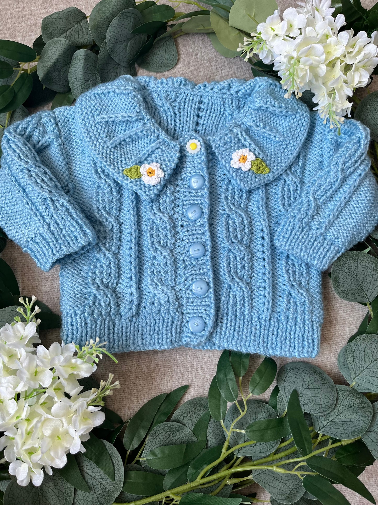 Size 6-12 Months, Daisy Chain, Baby Blue Hand Knitted Collar Cardigan