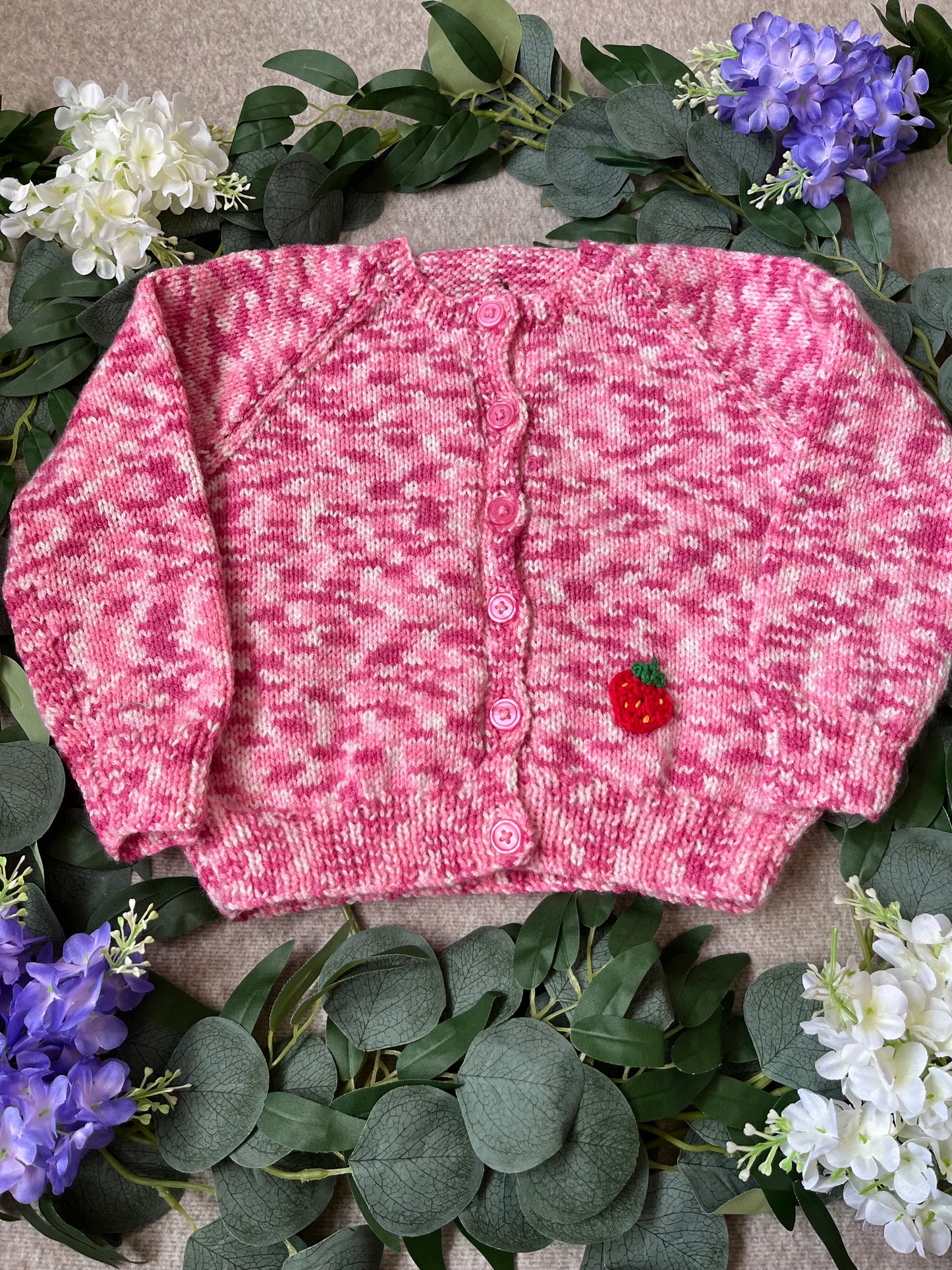 Size 2-3 Years, Sweet, Pink Fruit Hand Knitted Cardigan