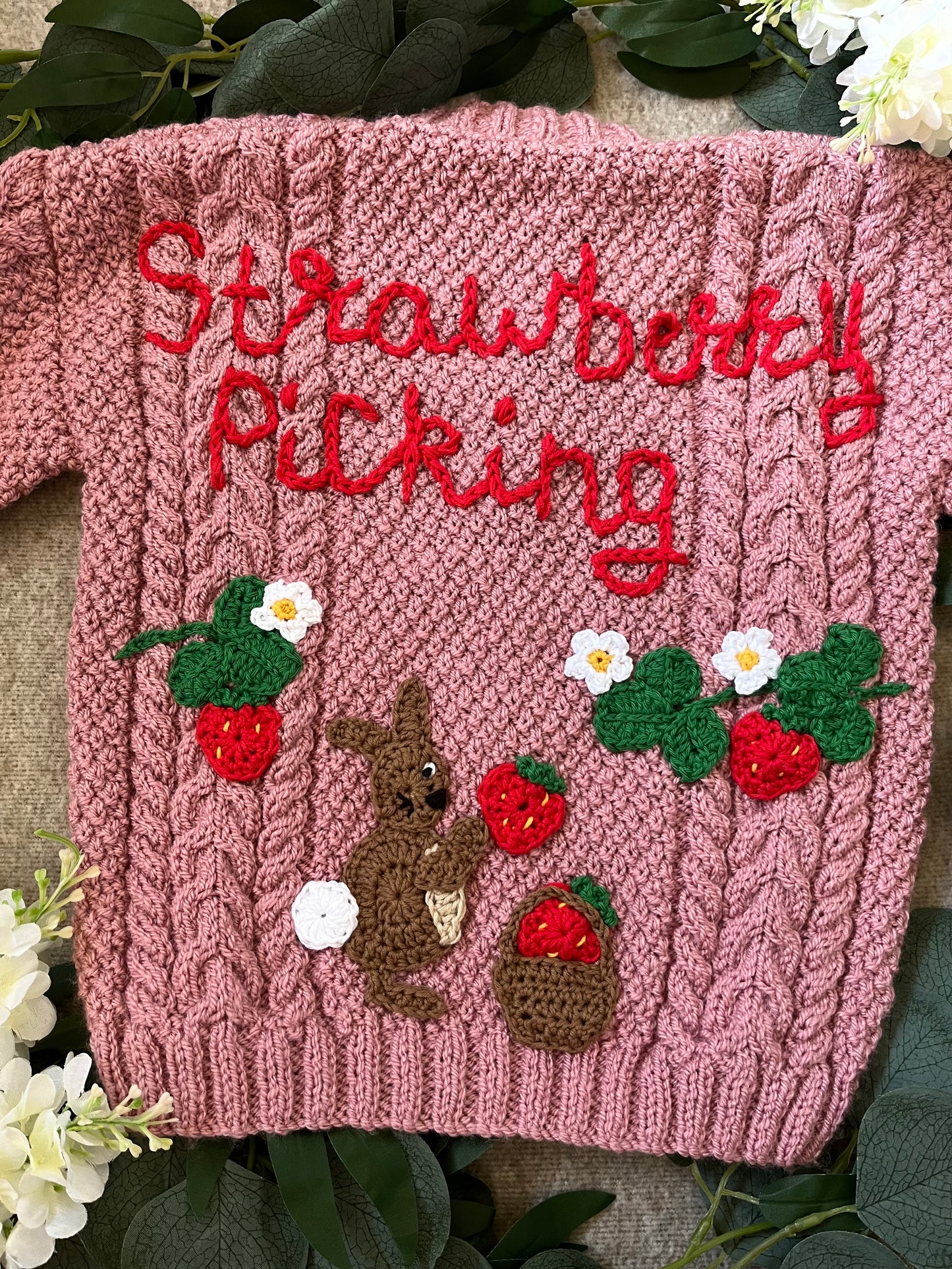 Size 3-5 Years, Strawberry Picking, Pink Hand Knitted Cardigan
