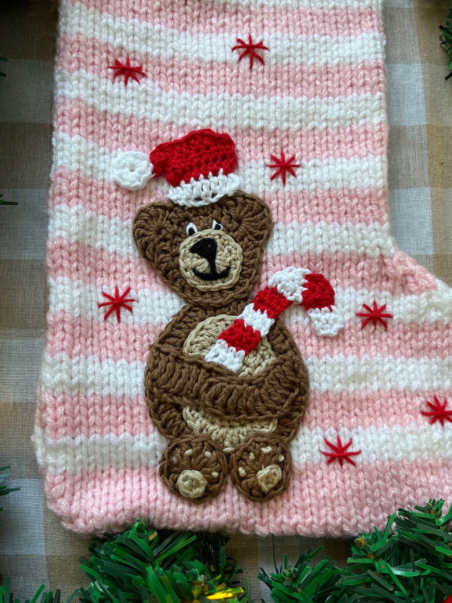 Christmas Stocking, Pink & White Stripe, Bear with a Candy Cane