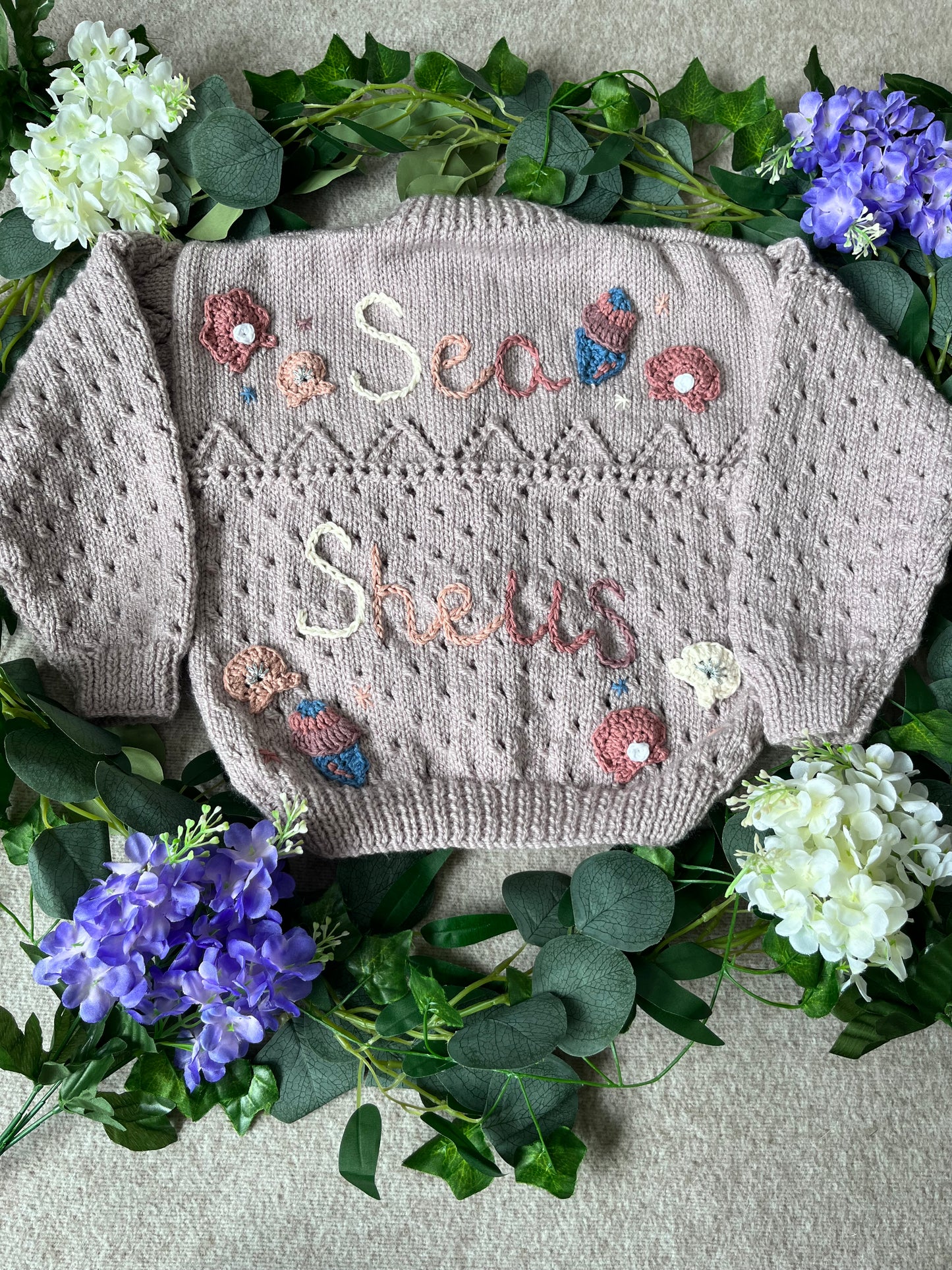Size 2-4 Years, Sea Shells, Hand Knitted Cardigan