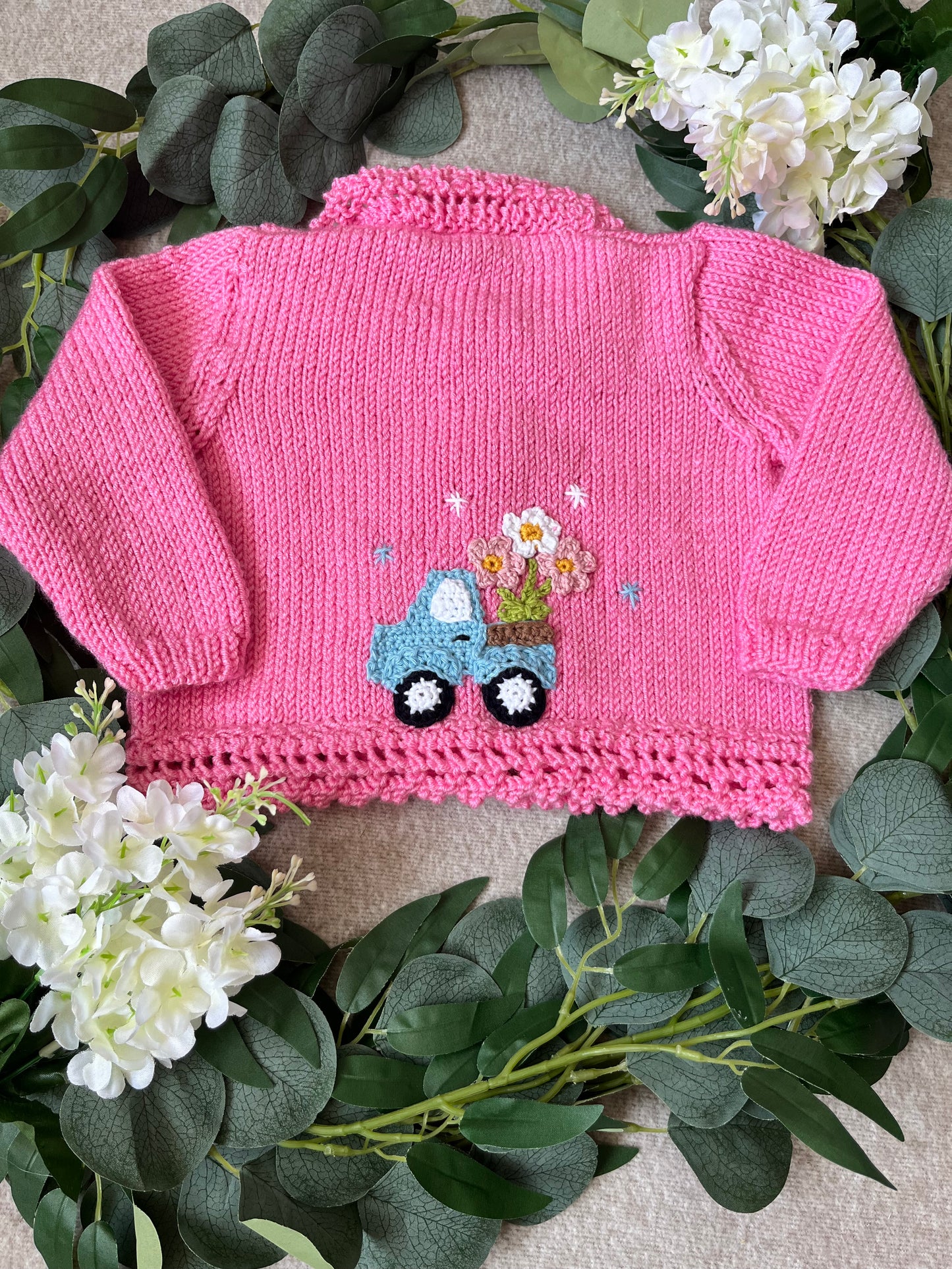 Size 6-12 Months, Personalise Me, Name Flower Truck, Hand Knitted Pink Cardigan