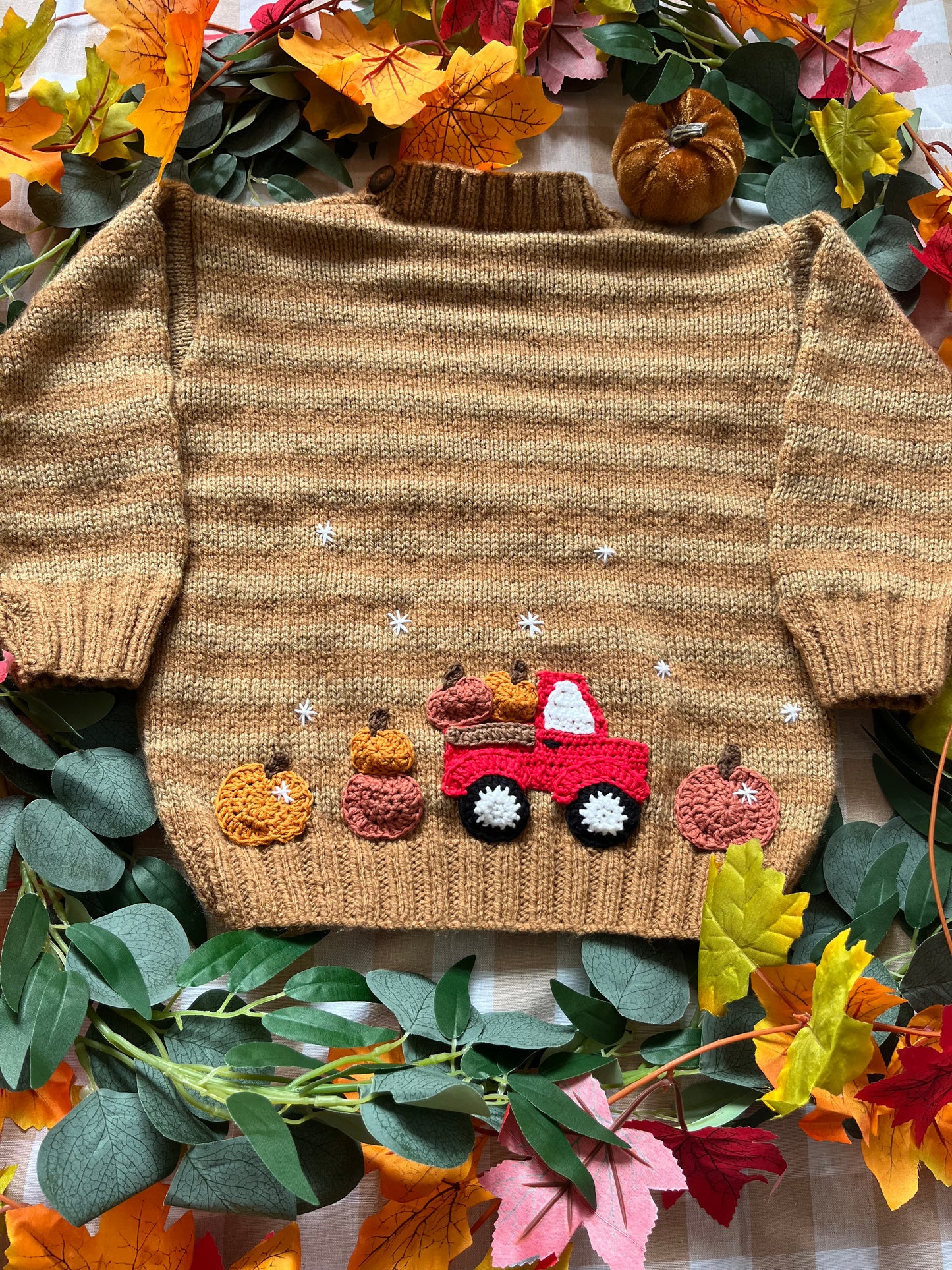 Personalise Me, Size 3-5 Years, Name Cardigan, Brown Stripe, Red Pumpkin truck & Pumpkins
